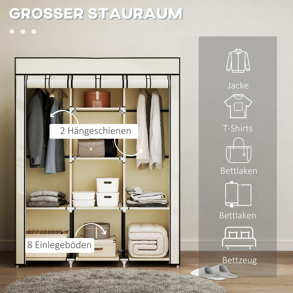 STOFFSCHRANK mit 8 Regalen und 2 Kleiderstangen, praktische Aufbewahrungslösung für Kleidung, Cremeweiß - Creme, Metall (125/162.5/43cm)