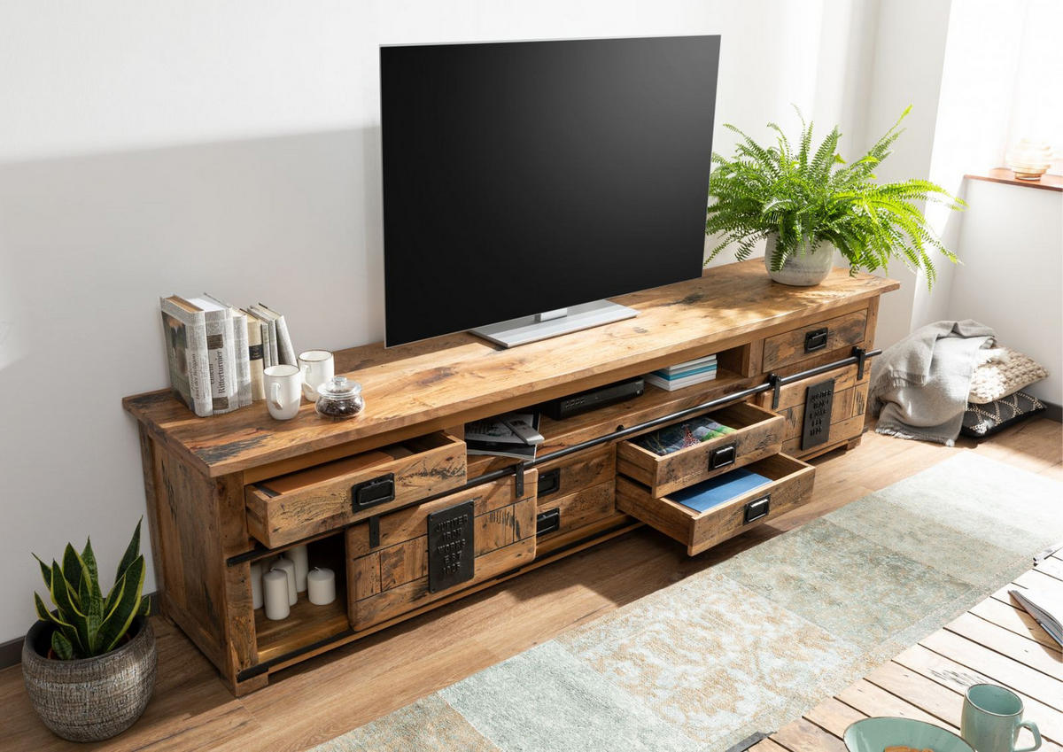 TV-BOARD Mango 240x50x60 natur lackiert RAILWAY #156 - Naturfarben, Holz (240/60/50cm) - Massivmoebel24