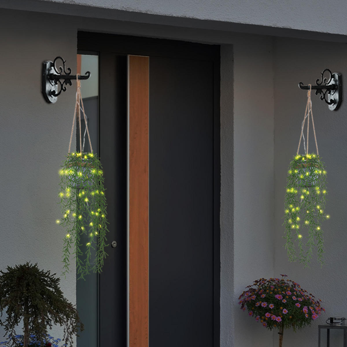 LED AUSSENLEUCHTE Kunstpflanze Hanfseil Grün 2er Set - Multicolor, Kunststoff (13/13/90cm) - Globo Lighting