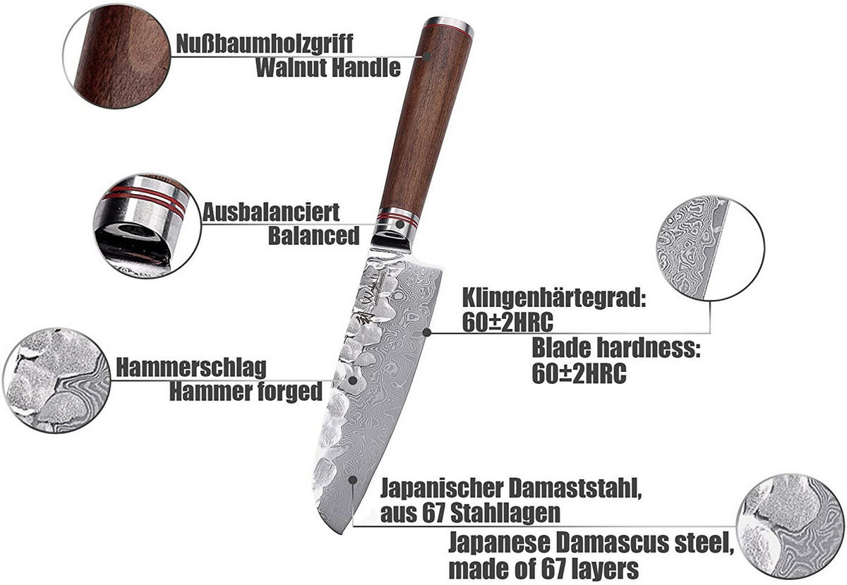 SANTOKUMESSER 17,5 cm - Nussbaumfarben, Holz/Metall (32cm) - Wakoli