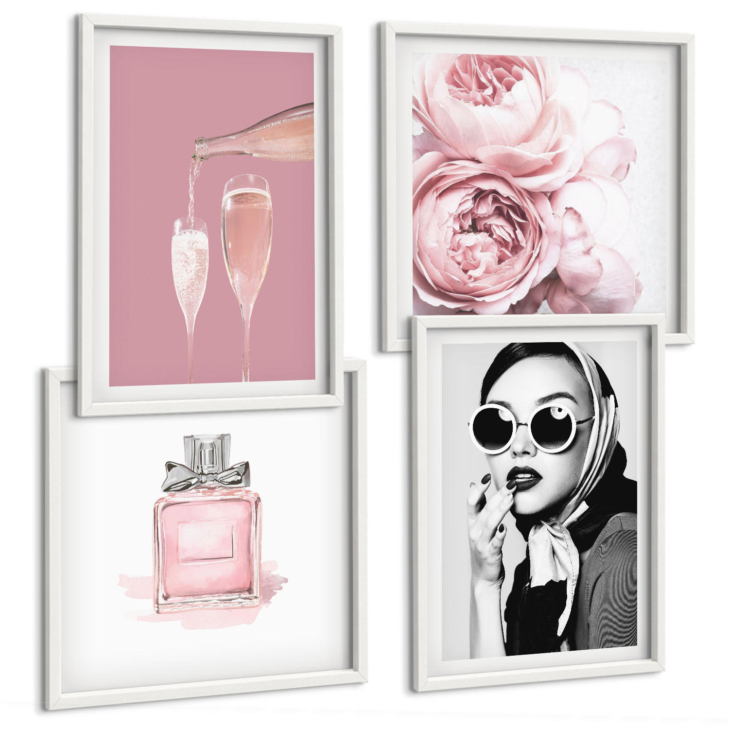 BILDER SET 4er Set - 50x50 cm & 40x60 cm Weißer Rahmen - Stilvolle pinkfarbene Accessoires - Weiß, Kunststoff (50/50cm) - TULUP