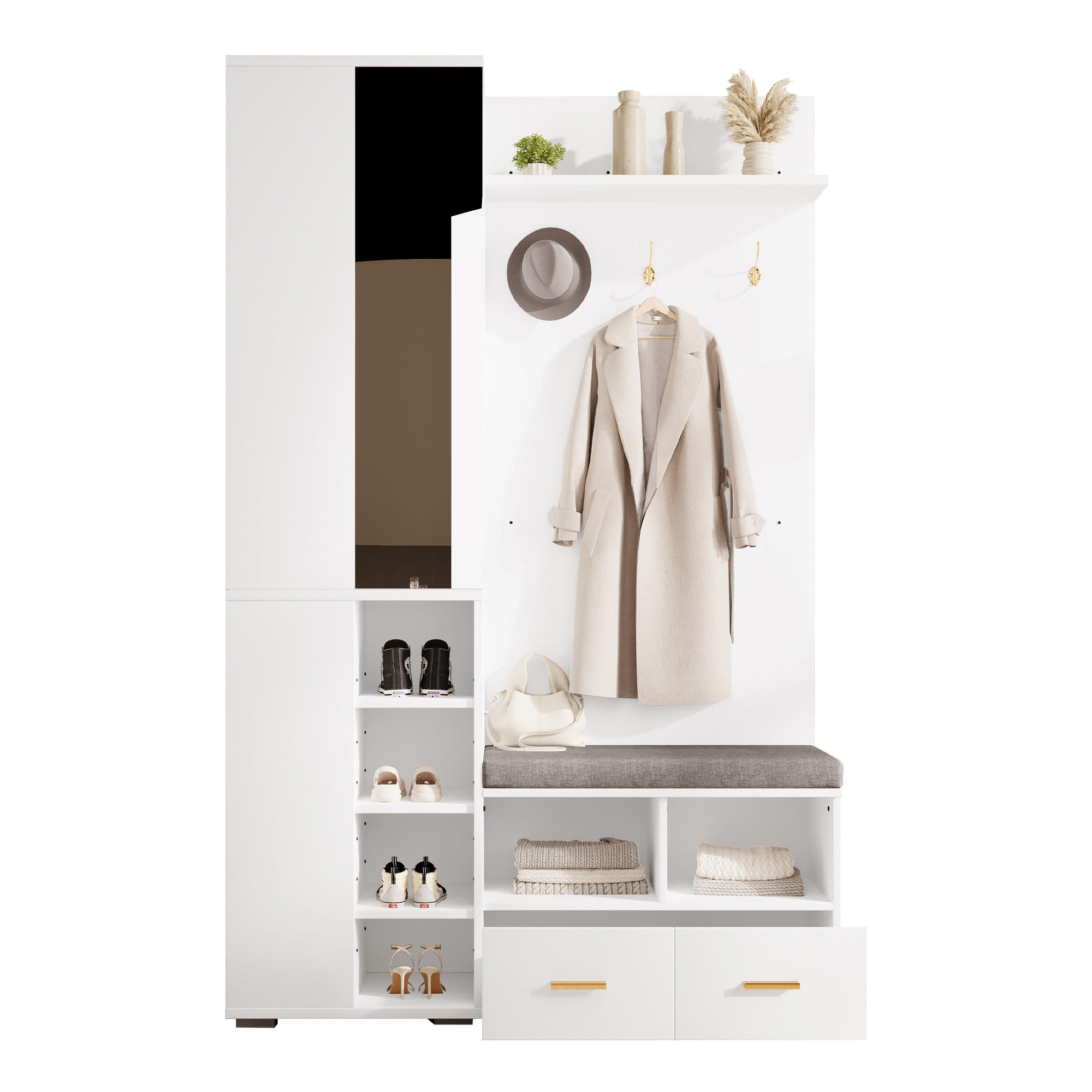 GARDEROBENSET, Spiegel, Schuhbank, 3 Haken, Weiß, 120x35x190cm - Weiß, Holzwerkstoff (35/190/120cm) - FLIEKS