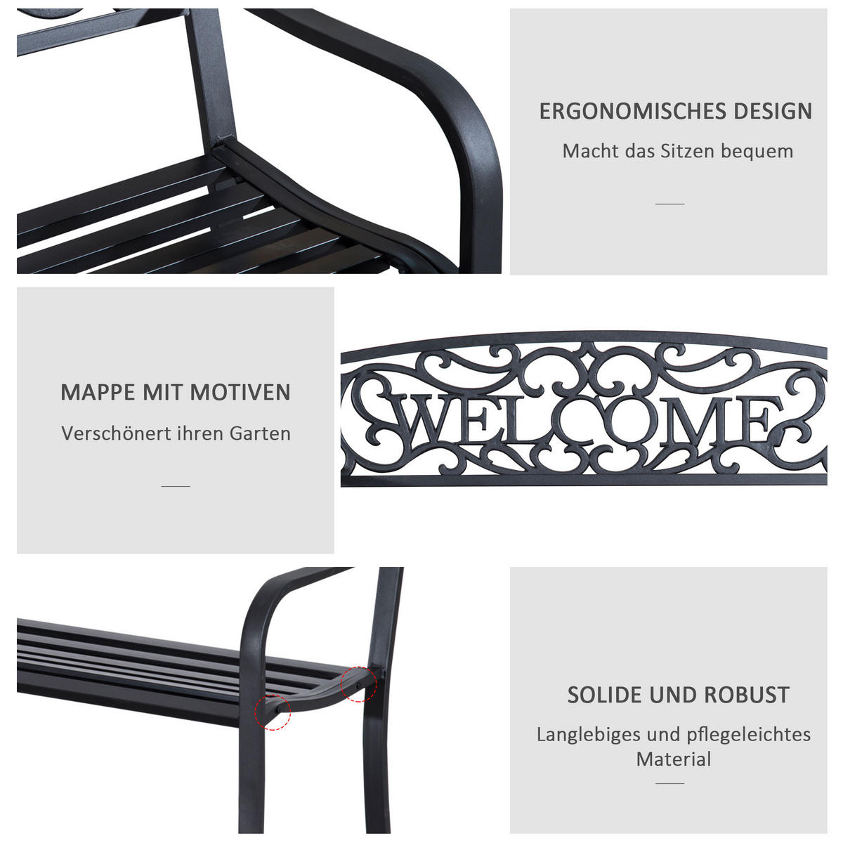 GARTENBANK, 127cm x 60cm x 87cm, Eisen, pulverbeschichtet, Schwarz - Schwarz, Metall (60/87/127cm) - Outsunny