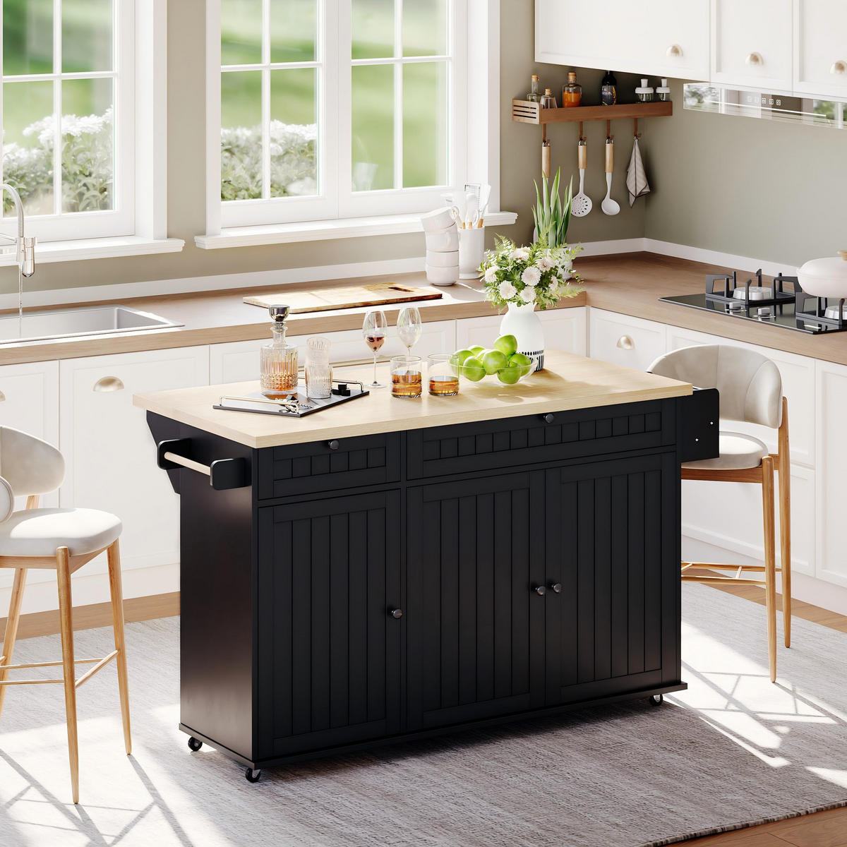 KÜCHENINSEL 137/45/89,5 cm Natur/Schwarz aus MDF mit klappbarer Arbeitsplatte - Naturfarben, Holzwerkstoff (137/89.5/70cm) - OKWISH