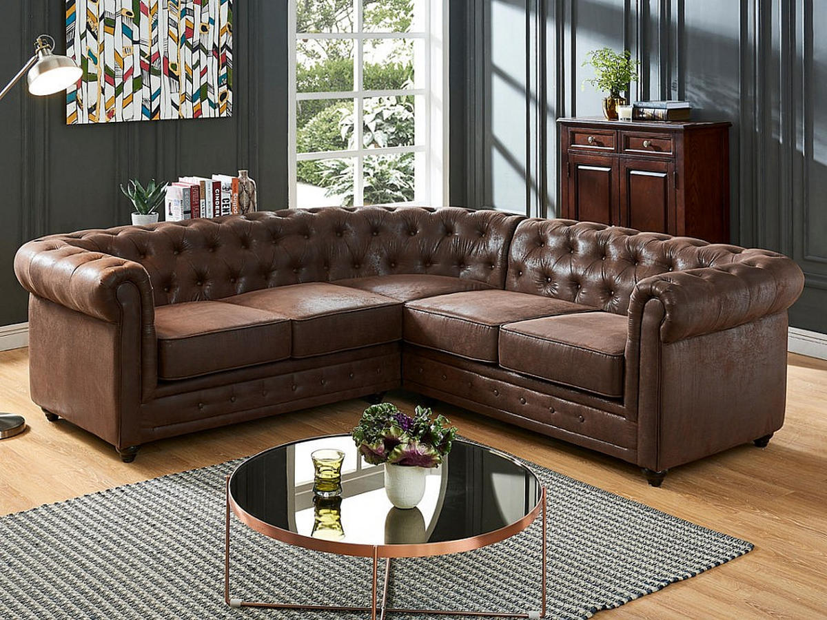 ECKSOFA - Microfaser - Vintage-Look - CHESTERFIELD - Braun, Textil (220/74/220cm) - Vente-Unique