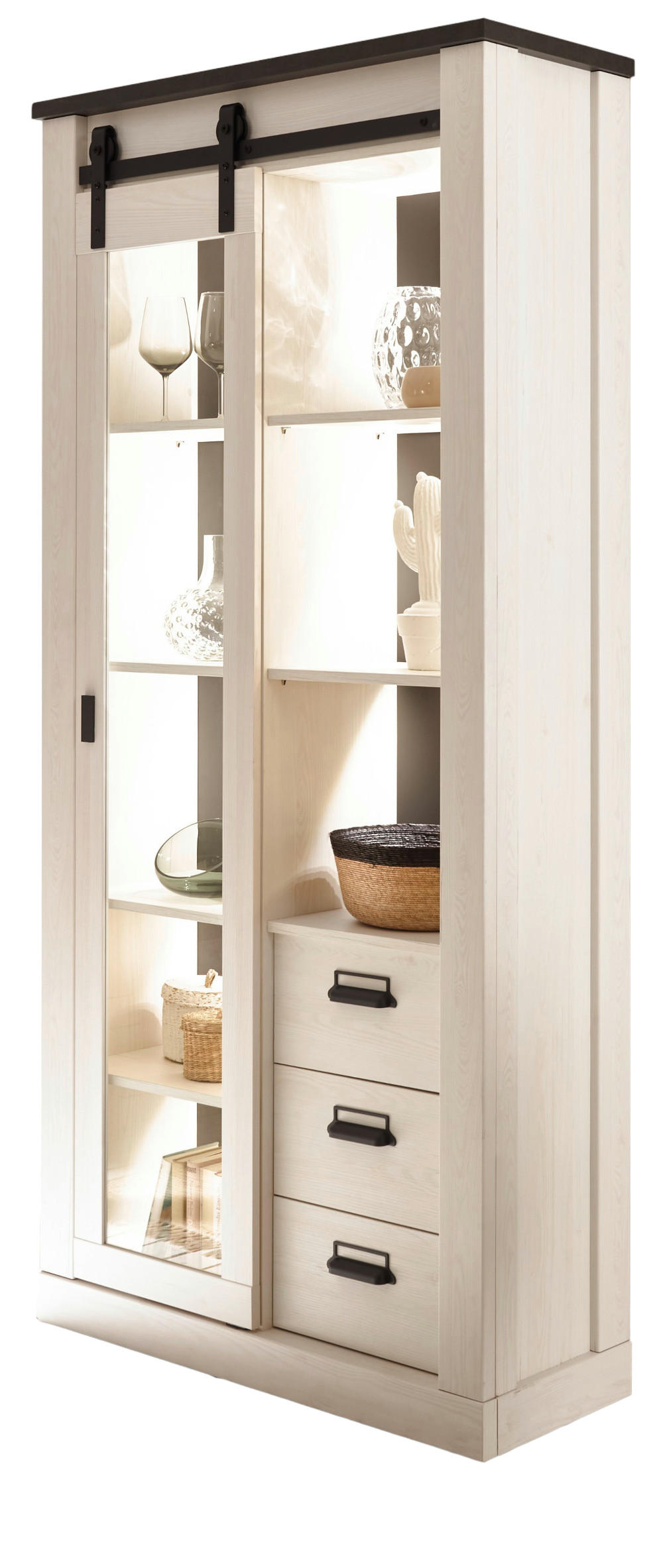 VITRINE weiß Pinie, anthrazit, Landhaus, Vitrinenschrank 93 x 201 cm - Anthrazit/Weiß, Holzwerkstoff/Metall (93/201/38cm) - Furn.Design