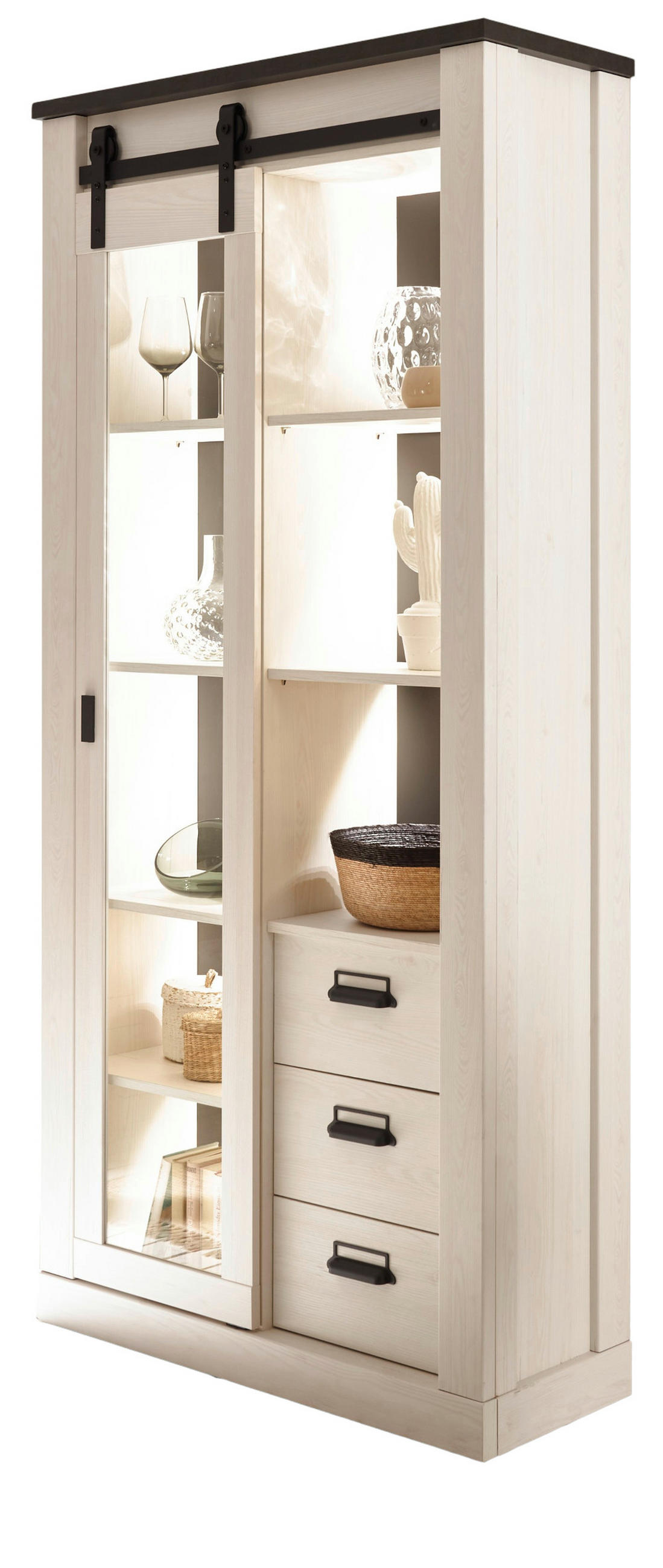 VITRINE weiß Pinie, anthrazit, Landhaus, Vitrinenschrank 93 x 201 cm - Anthrazit/Weiß, Holzwerkstoff/Metall (93/201/38cm) - Furn.Design