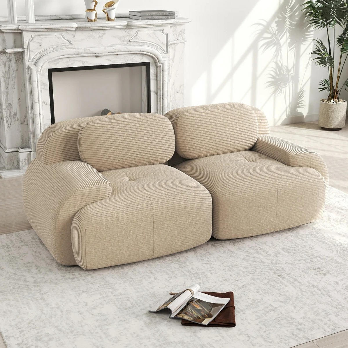 SOFA Loveseat mit gebogenen Armlehnen und rutschfester Unterseite, Beige - Beige, Textil (138/70/103cm) - Kaket