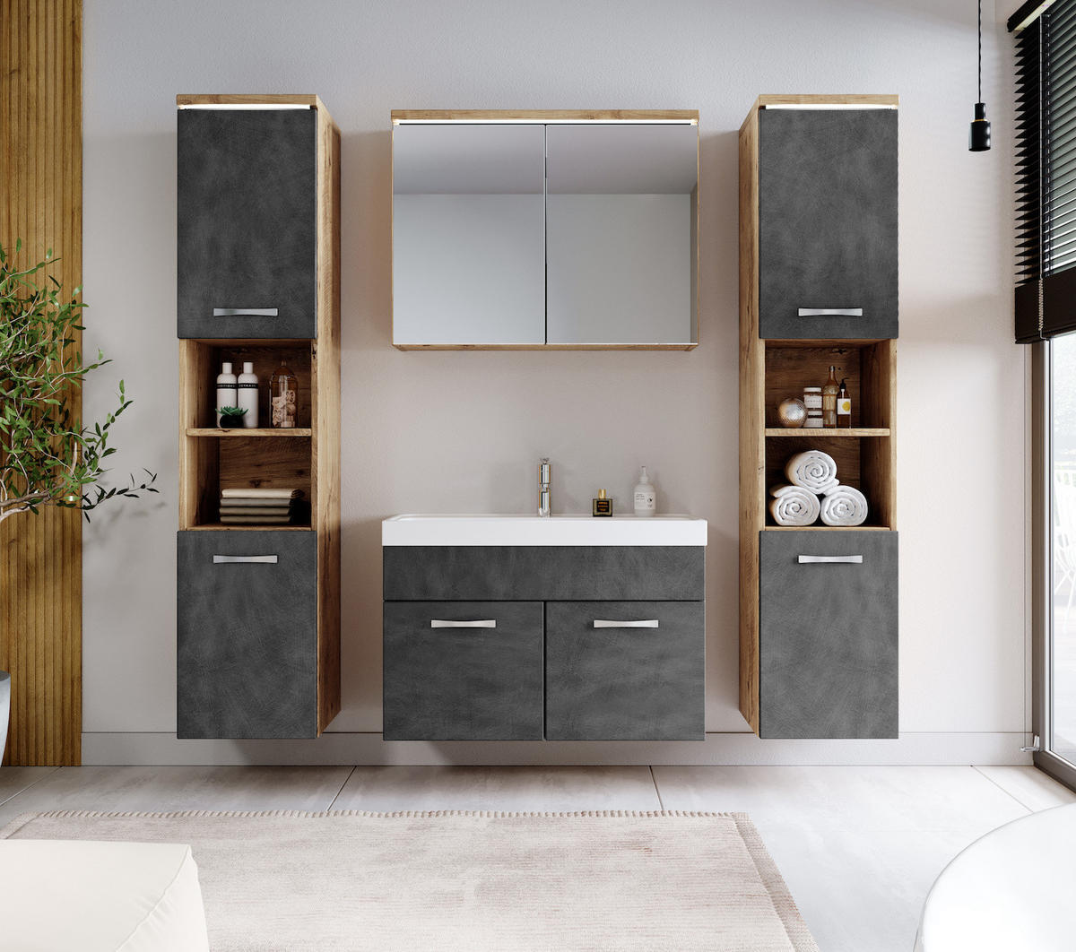 BADMÖBEL-SET Paso LED 5 Teile Kastanien Eiche / Grau - 80 x 35 x 55 cm - Eichefarben/Grau, Holz (80/55/40cm) - Badplaats
