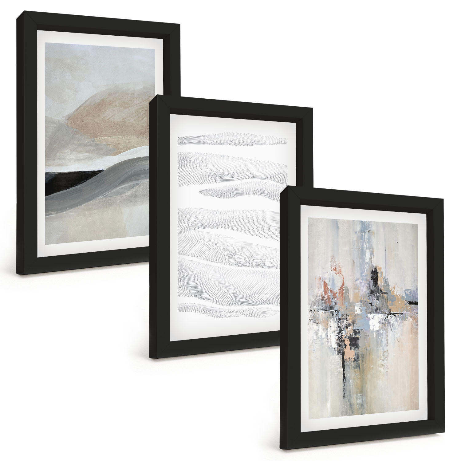 BILDER SET 3er Set - 20x30 cm Schwarzer Rahmen - Abstrakte Erdmuster - Schwarz, Kunststoff (20/30cm) - TULUP