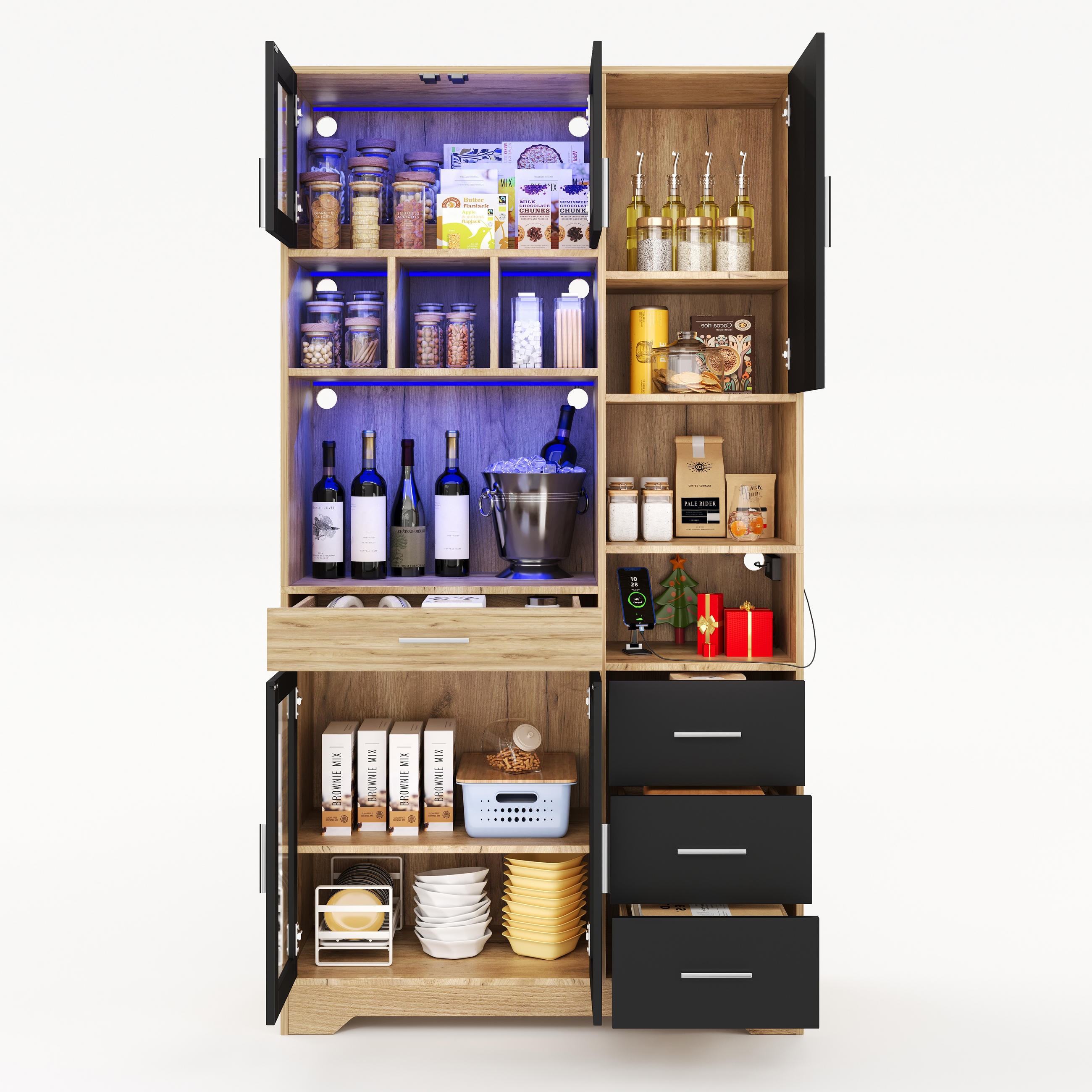 BUFFETSCHRANK 40/100/185 cm schwarz/natur aus MDF mit LED - Schwarz, Holzwerkstoff (100/185/40cm) - OKWISH