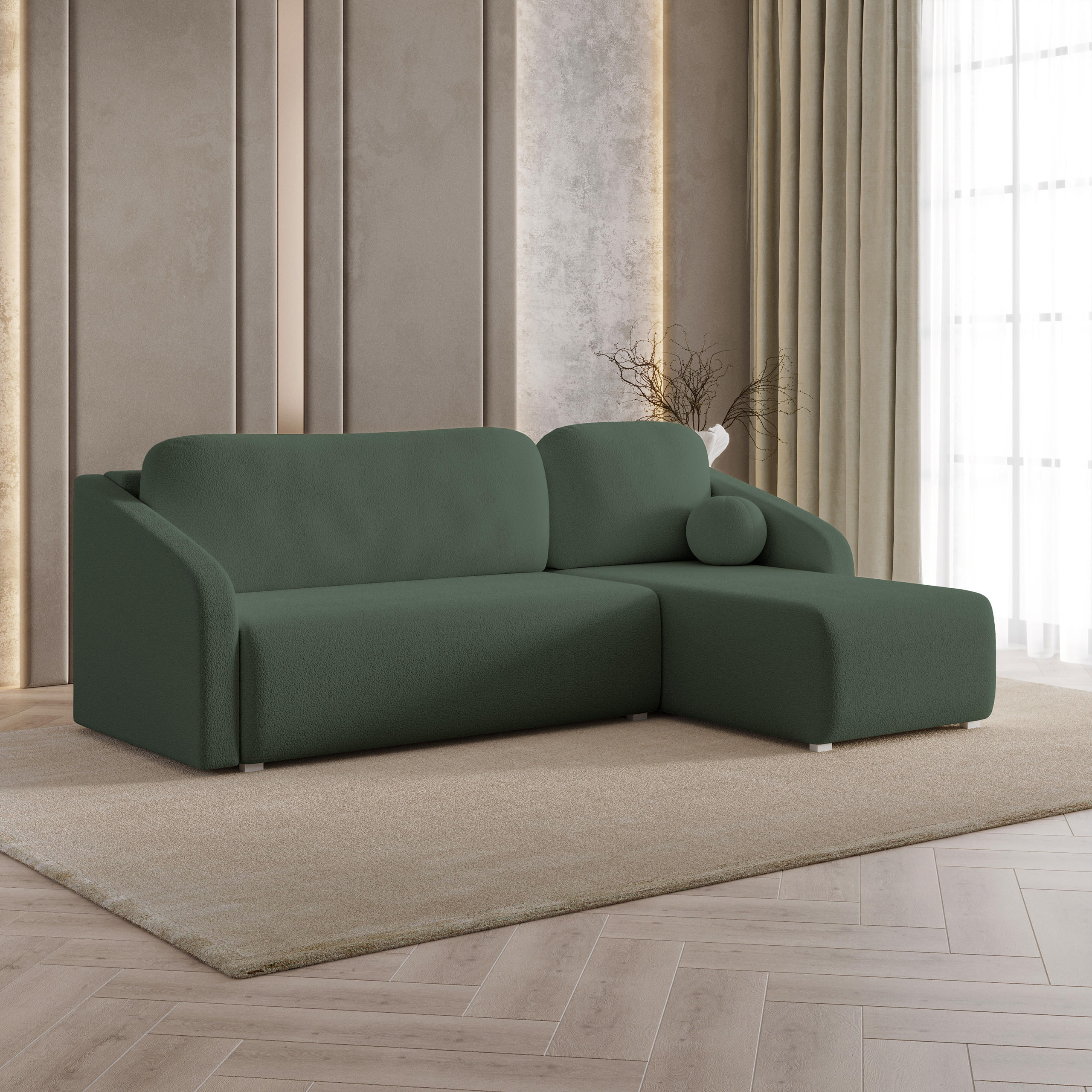 ECKSOFA MARELLO Grün Boucle-Stoff mit Schlaffunktion - Grün, Holz (220/143cm) - MASSENO