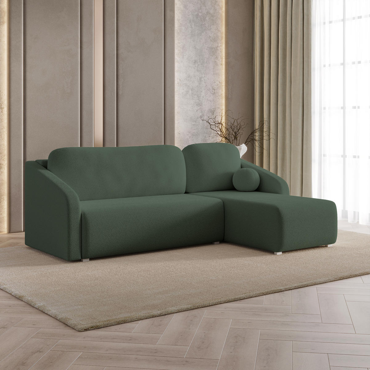 ECKSOFA MARELLO Grün Boucle-Stoff mit Schlaffunktion - Grün, Holz (220/143cm) - MASSENO