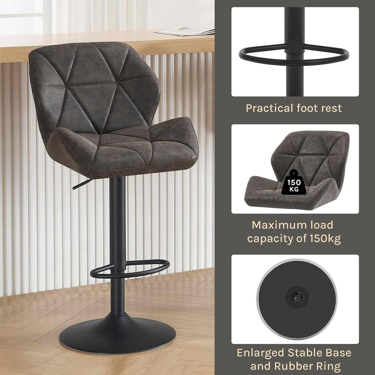 BARHOCKER 2er Set, höhenverstellbar,drehbar,Kunstleder Stahl - Grau, Metall (50/94/41cm) - Woltu