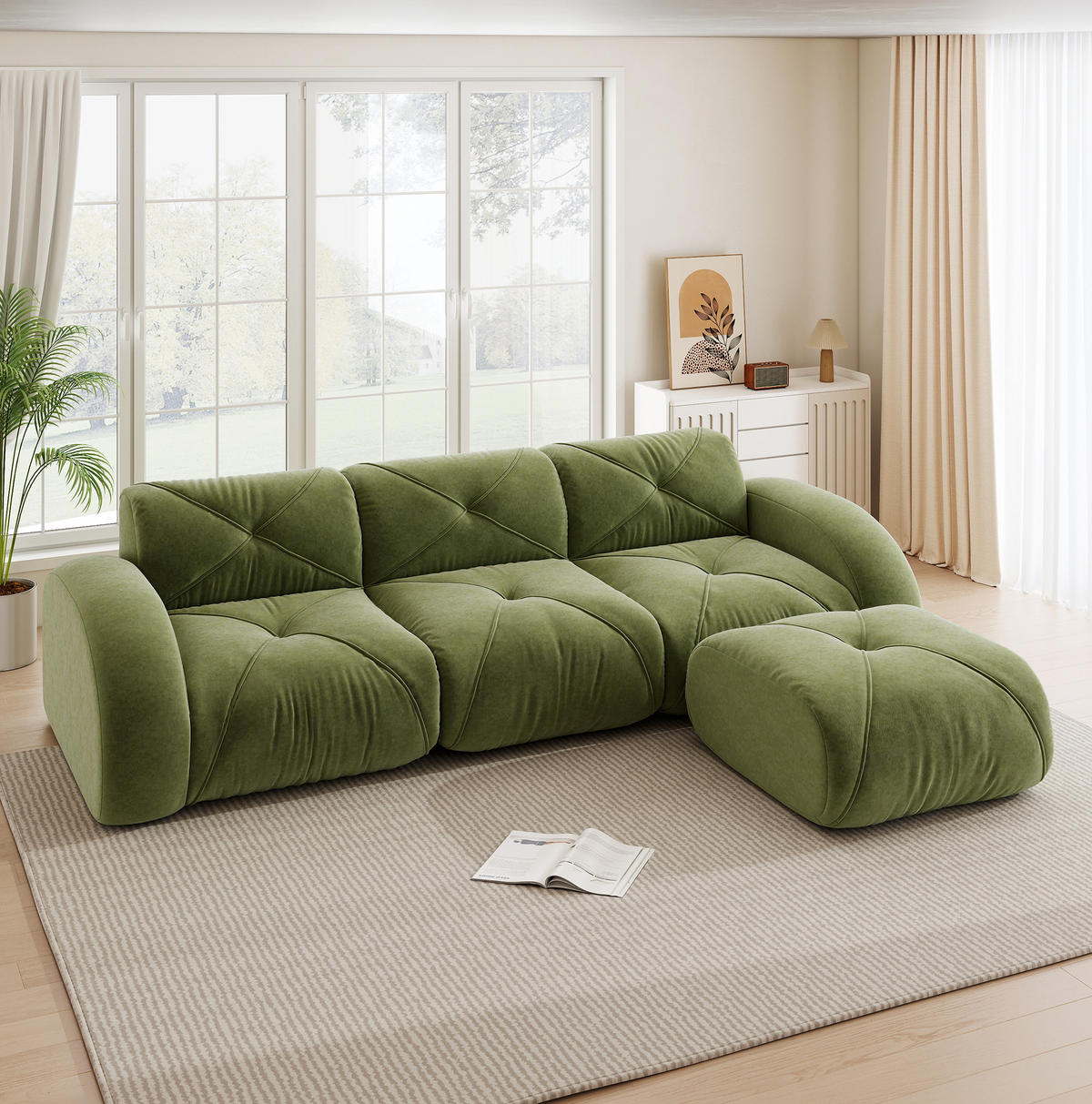 3-STIZER Sofa mit Hocker, flexibles Lounge-Design und 32D-Schaumstoff, Grün - Grün, Textil (281/76/171cm) - Redom
