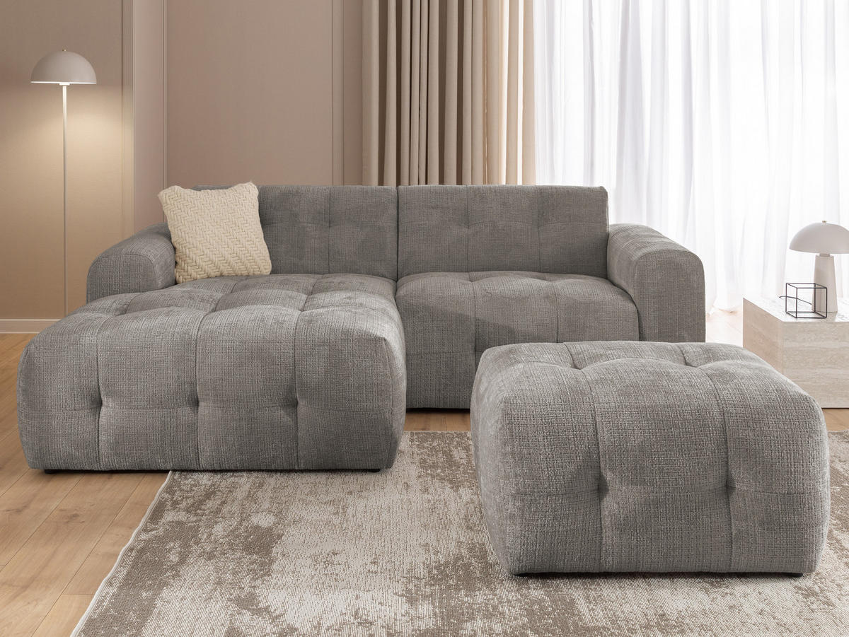 ECKSOFA inkl. Hocker Kozy im Bumpy-Design mit Schlaffunktion und fester Rückenlehne aus weichem Taupe Chenille-Stoff - Ottomane links - Taupe/Schwarz, Holz/Kunststoff (161/234cm) - S-Style Möbel