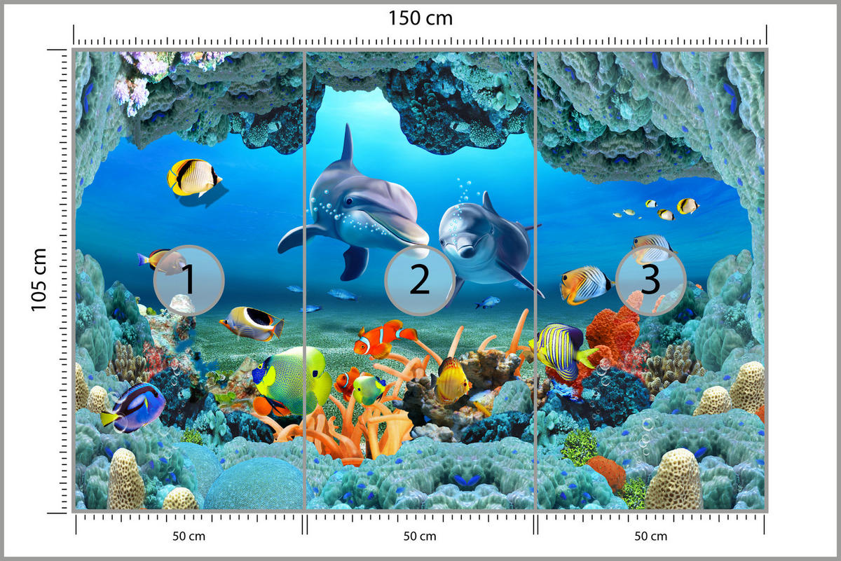 FOTOTAPETE für Badezimmer Unterwasser Korallenriff Delfin Fisch 150x105 - Türkis/Gelb, Papier (150/105cm) - Muralo