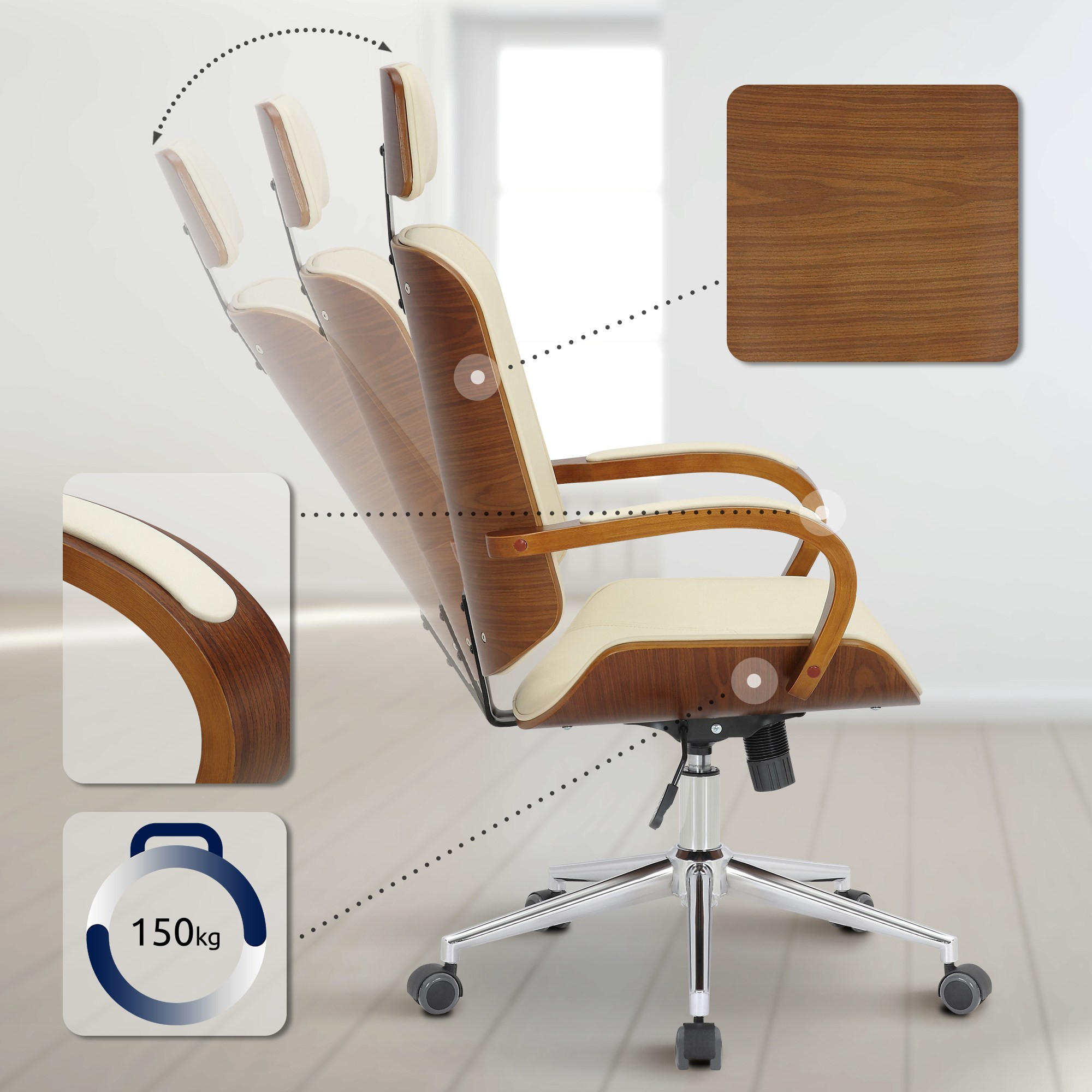 DREHSTUHL Lederlook Walnuss/Creme - Walnussfarben/Creme, Textil/Metall (70/118/70cm) - CLP