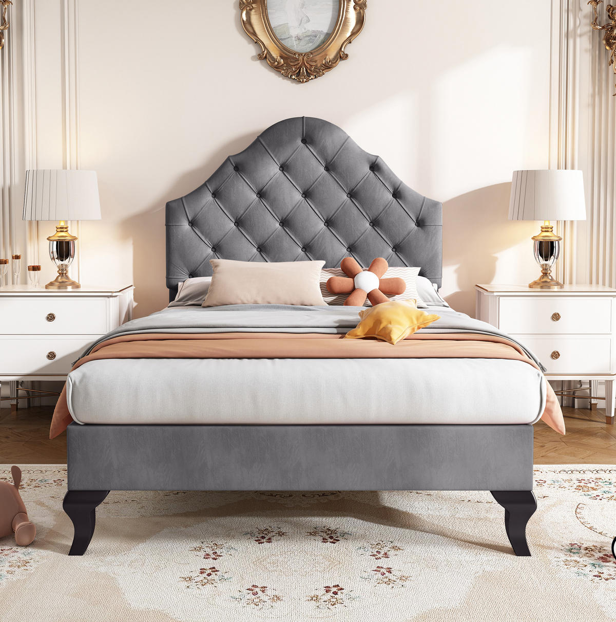 POLSTERBETT aus Samt 90x200 cm Grau mit Lattenrost und gepolstertem Kopfteil - Grau, Textil (90/200cm) - IVMEU