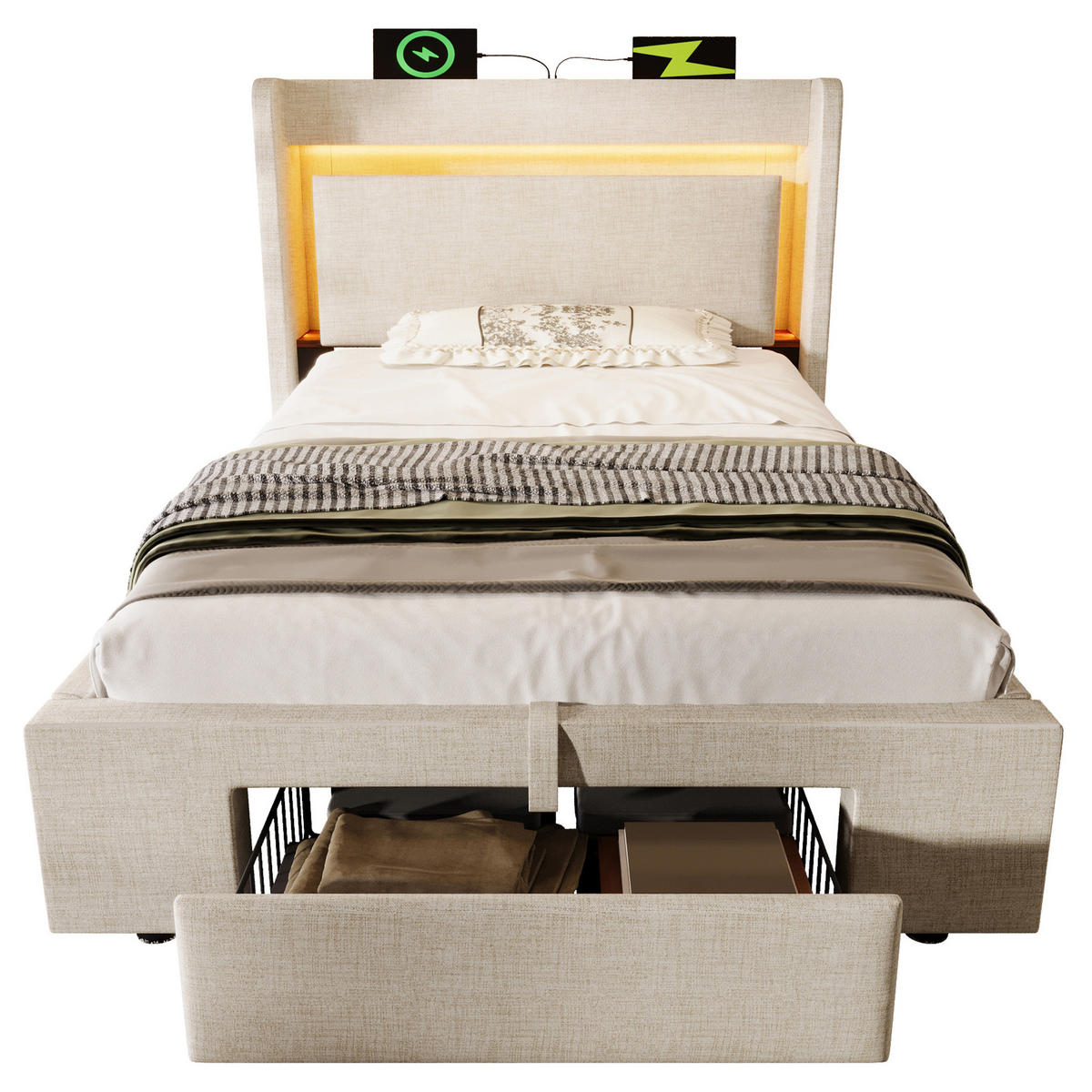 POLSTERBETT aus Leinen 90x200 cm Beige mit Bettkasten, Schublade, LED-Beleuchtung und USB-Anschlüssen - Beige, Textil (90/200cm) - IVMEU