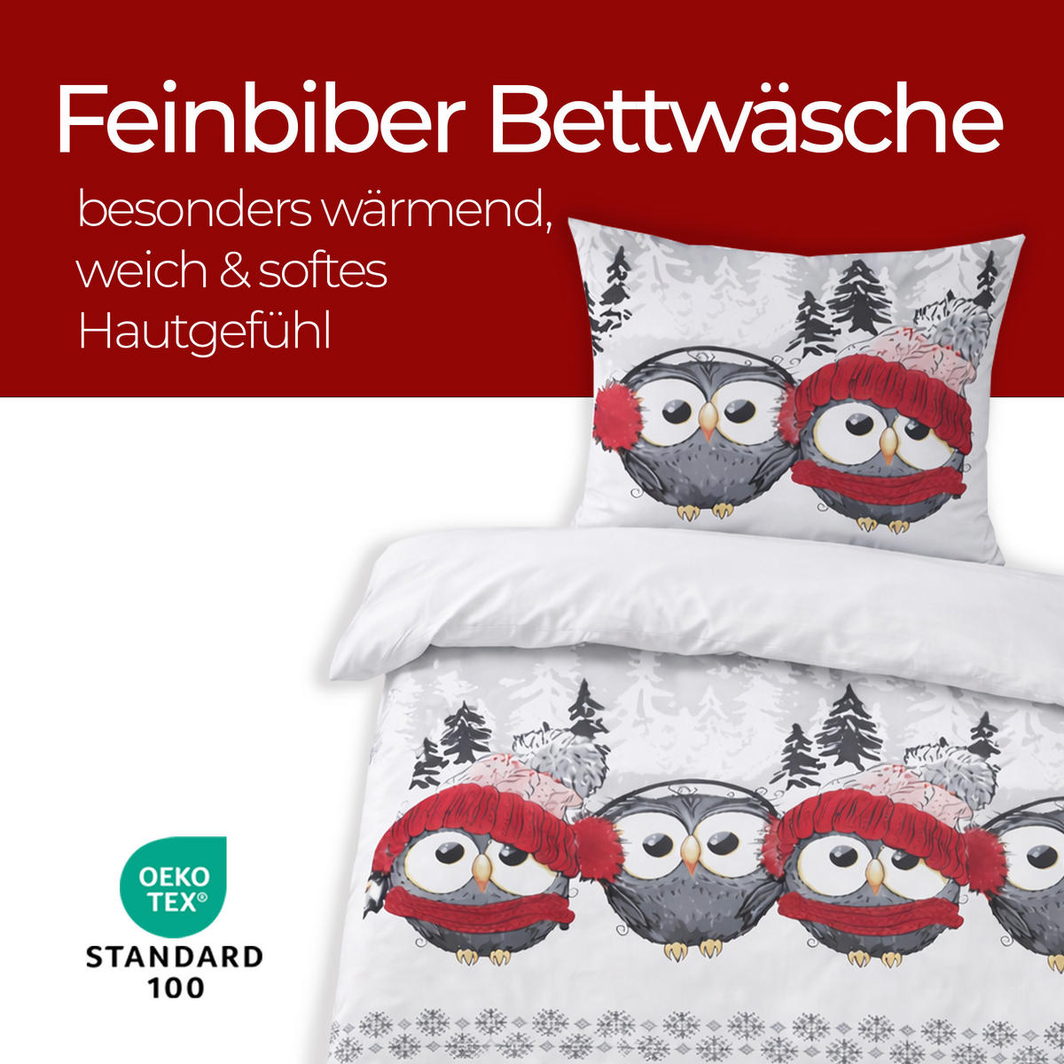 BETTWÄSCHE Feinbiber Herbst/Winter 135/200 cm Grau (Eule) - Rot/Grau, Textil (135/200cm) - Bestlivings