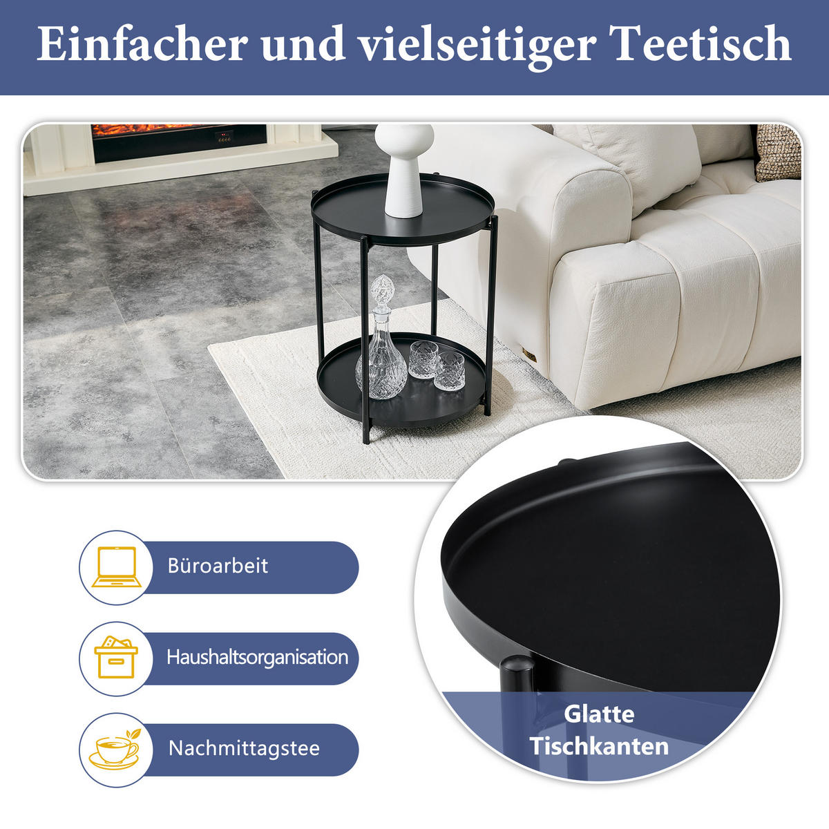 BEISTELLTISCH Schwarz mit 2 Ablagen 42/42/52 cm - Schwarz, Metall (42/42/52cm) - PANGIVO