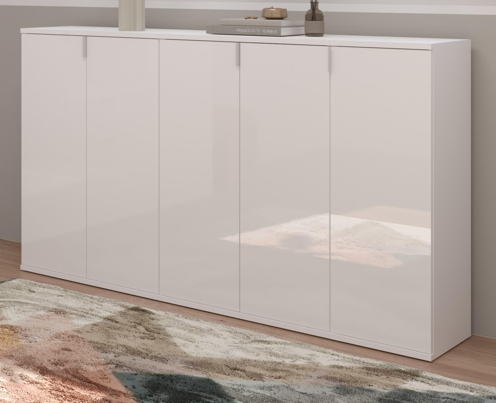 KOMMODE weiß Hochglanz 152 cm, Sideboard mit 16 Fächern - Chromfarben/Weiß Hochglanz, Holzwerkstoff/Metall (152/99/34cm) - Inn.Furn