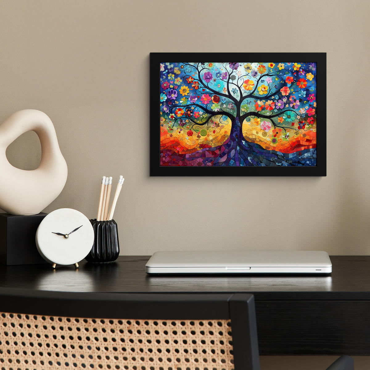 POSTER MIT RAHMEN Kunst - Baum des Lebens - Blumen - Hippie 30x20 cm - Dunkelblau, Papier (30/20cm) - MuchoWow