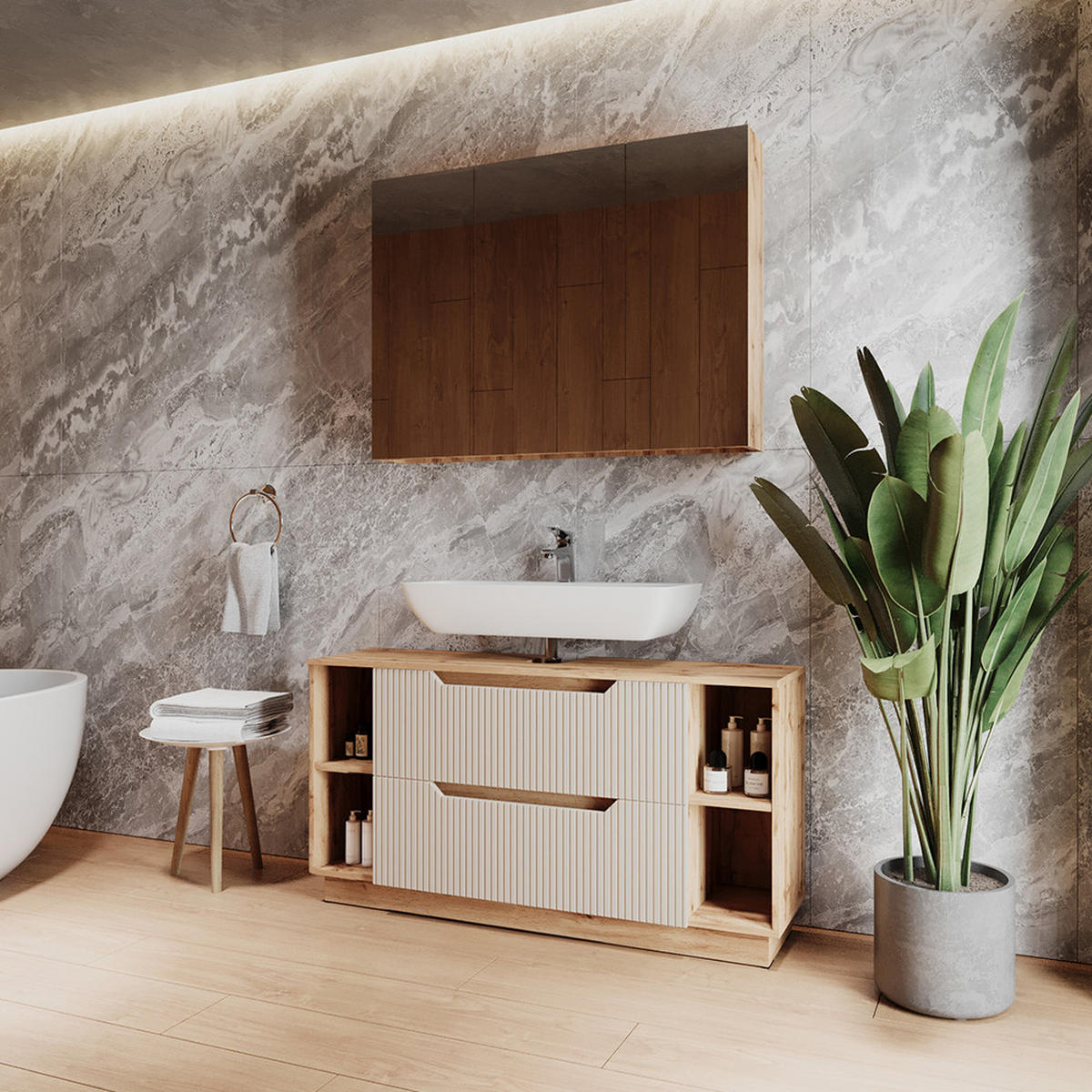 BADMÖBEL-SET Lotta Eiche/Kaschmir gestreift 2 Teile - Kaschmir/Eichefarben, Holzwerkstoff (119.2/62.5/35cm) - Vicco