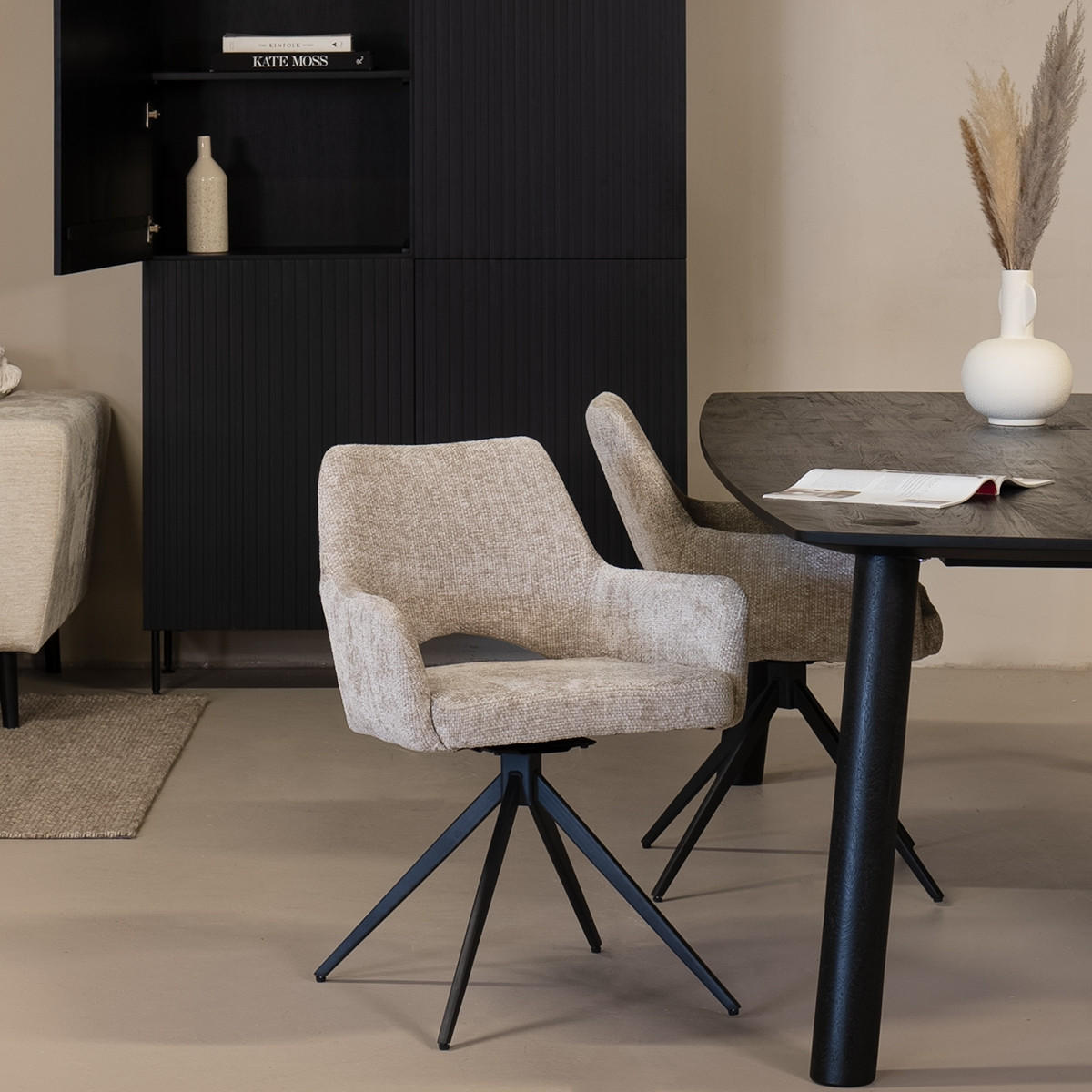 ESSZIMMERSTUHL 2er Set drehbar aus Stoff, beige - Beige/Schwarz, Textil/Metall (62/80/60cm) - Giga Meubel