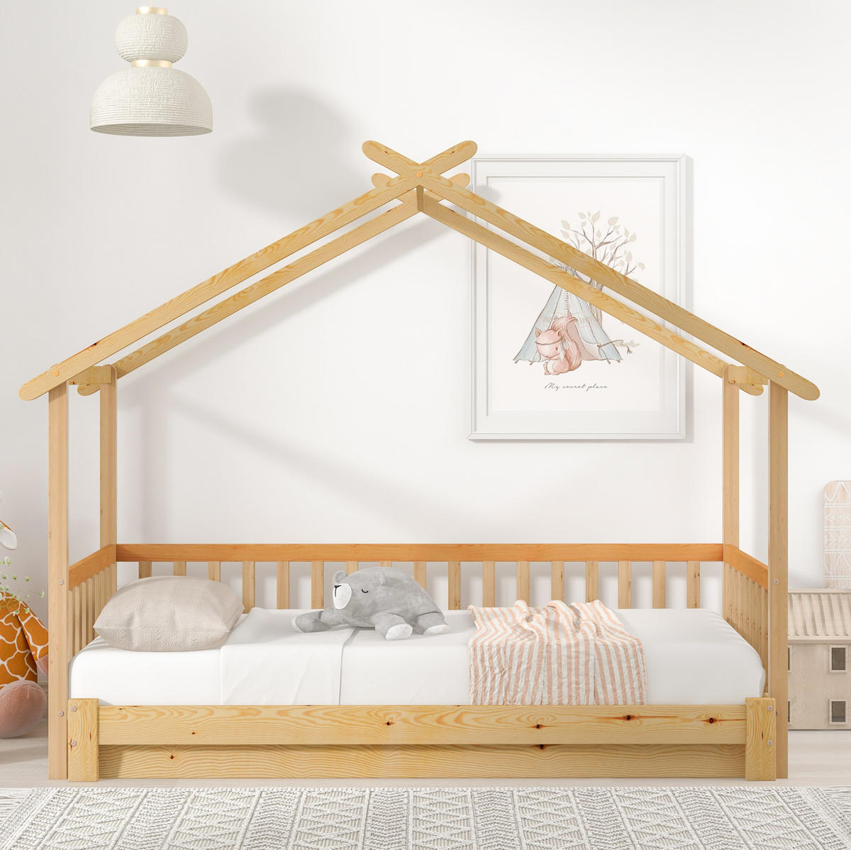 KREVET 200/90-200/180 cm s mogućnošću proširenja, kućicom i trostranom sigurnosnom ogradom, Prirodna - prirodne boje, drvo (90/200cm) - Redom