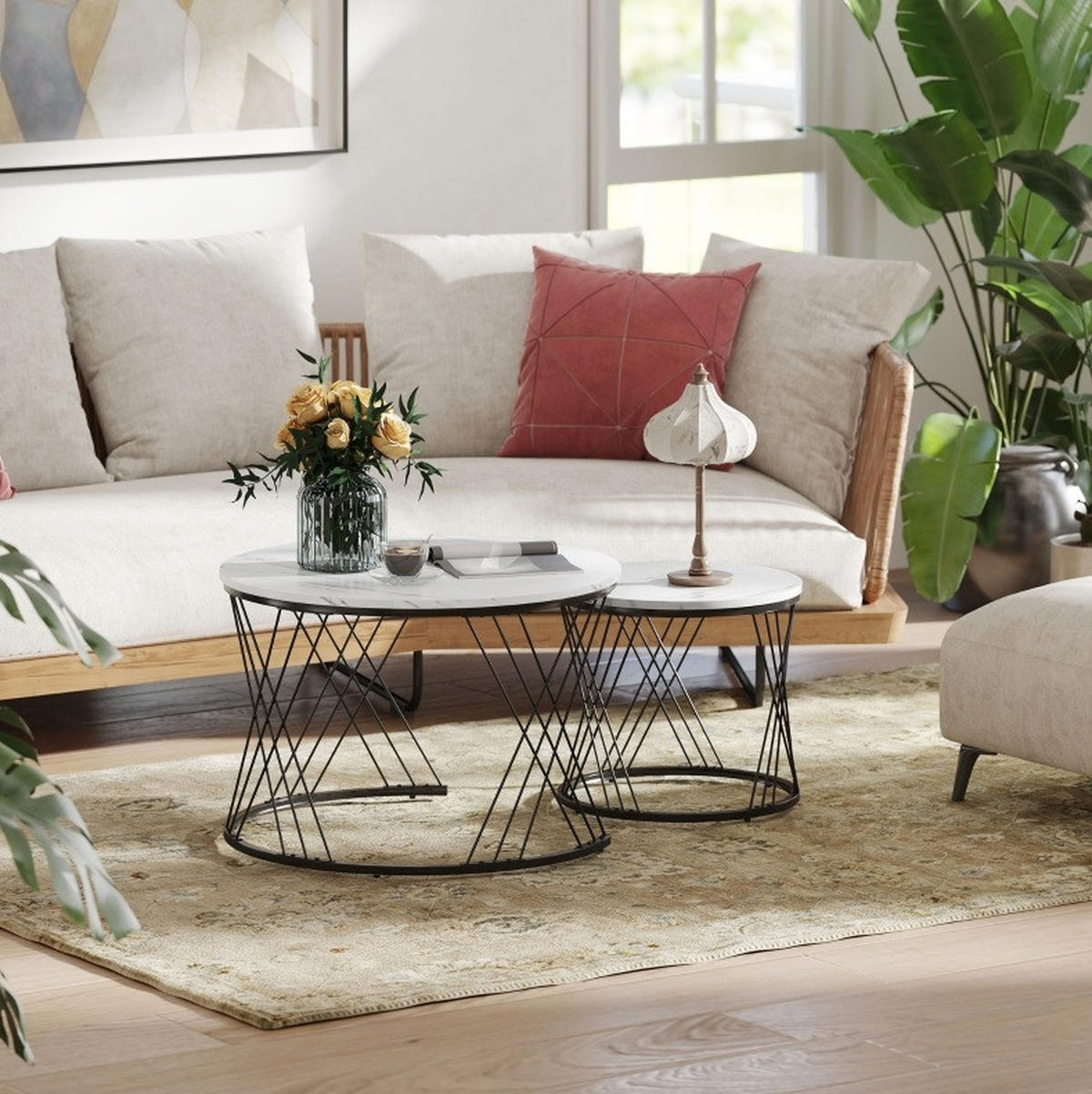 COUCHTISCH-SET 70/70/46,5 cm & 44,5/44,5/39 cm nestbar mit Marmoroptik und Metallgestell, Weiß - Weiß, Holz (70/70/46.5cm) - Modfu