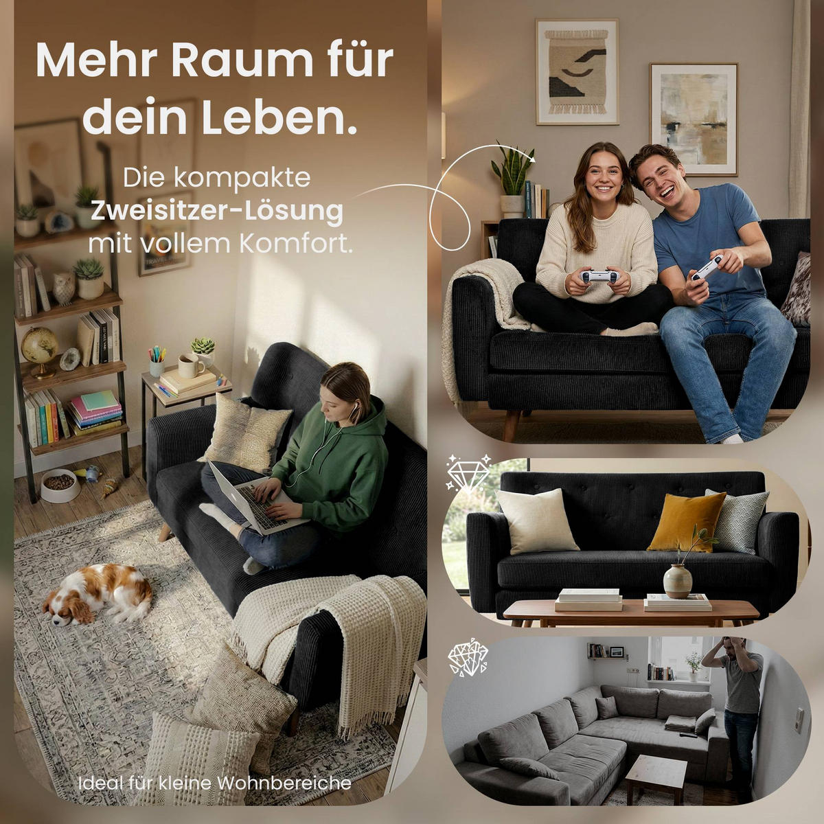 SOFA 120/74 cm Cord Schwarz - Schwarz/Braun, Holz/Textil (120/81/74cm) - CLP