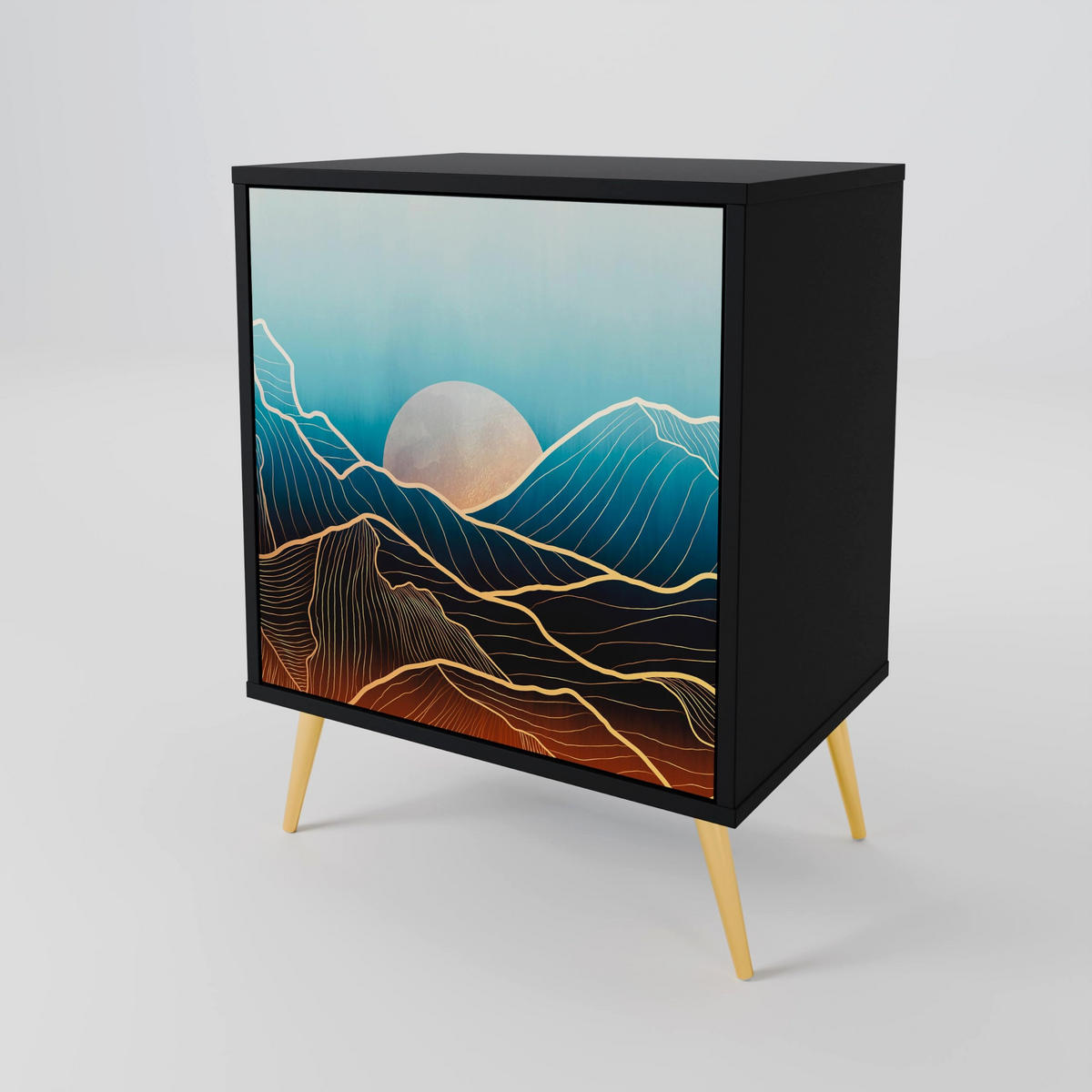 SIDEBOARD LUNAR SECRETS, Schwarz, 57,5x42x72,5 cm, Schwarze Metallfüße - Multicolor/Schwarz, Holzwerkstoff/Metall (57.5/72.5/42cm) - SpaceRebels