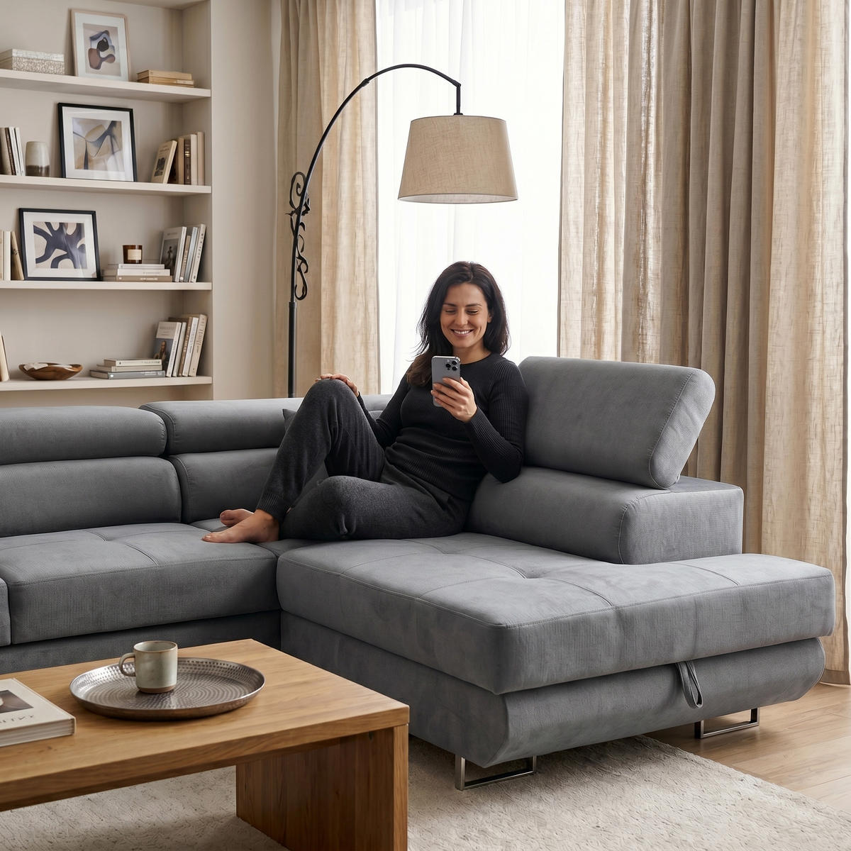 ECKSOFA WILD L Rechts mit Schlaffunktion 127x195 Velours Grau - Chromfarben/Grau, Holz/Textil (274/203cm) - Muffo