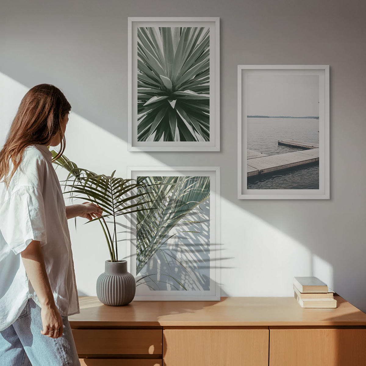 WANDBILDER 3er-Set - 40x60 cm Weißer Rahmen - Palmenblätter-Holzbrücke - Weiß, Kunststoff (40/60cm) - ArtPrintCave
