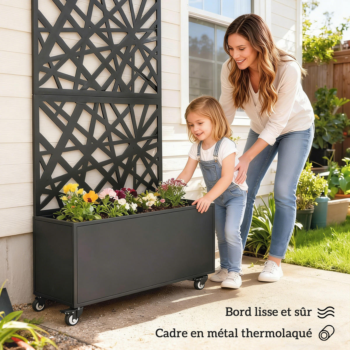 HOCHBEET DE-12295 mit Sichtschutz u. Rollen, 90/30/160 cm Schwarz - Schwarz, Metall (90/160/30cm) - ComfortXL