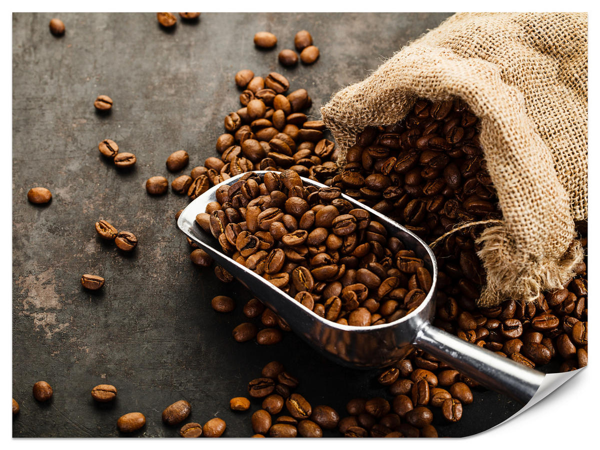 FOTOTAPETE für Küche Beutel mit Kaffeebohnen auf Beton 400x280 - Beige/Schwarz, Papier (400/280cm) - Muralo