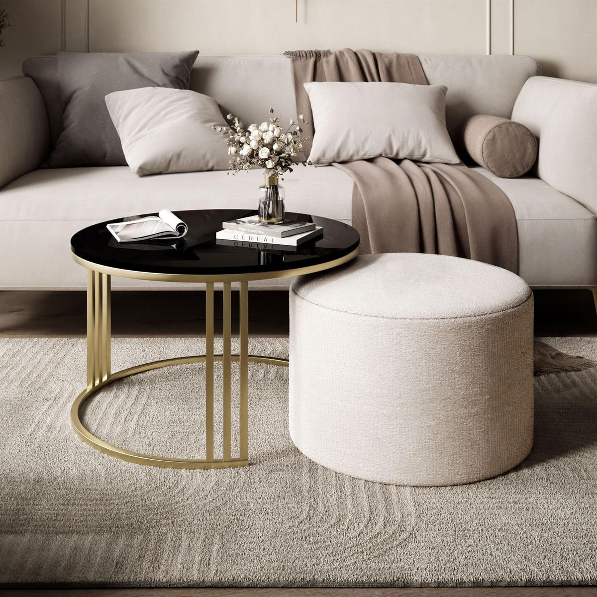 COUCHTISCH mit Hocker LORI Hochglanz gebürstetes Gold/Schwarz glänzend/Perfect Harmony 01 - Schwarz, Metall (70/70/49cm) - Lookway