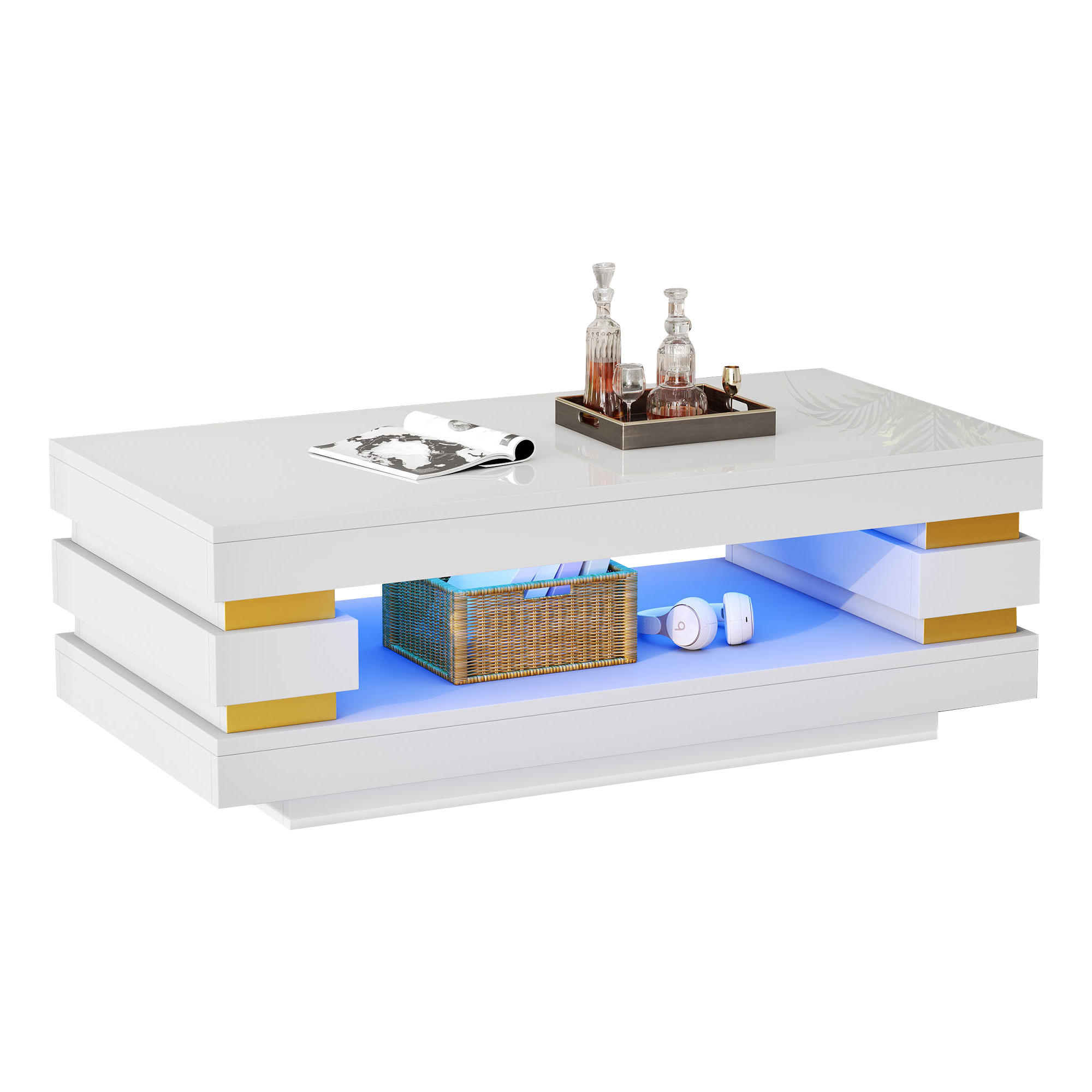 COUCHTISCH LED Weiß 100x50x35cm Stauraum Hochglanz Spanplatte - Weiß, Holzwerkstoff (100/50/35cm) - FLIEKS