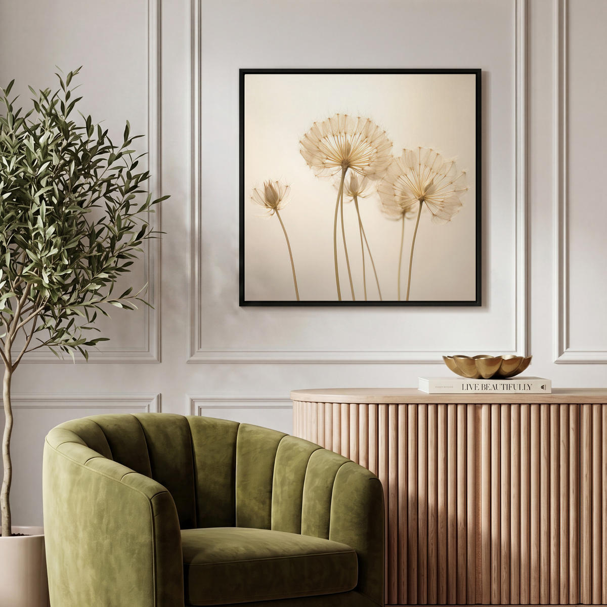 LEINWAND Bilder mit Rahmen - Sonnenlicht - Löwenzahn - Botanisch - Blumen - 50x50 - Creme, Textil (50/50cm) - MuchoWow