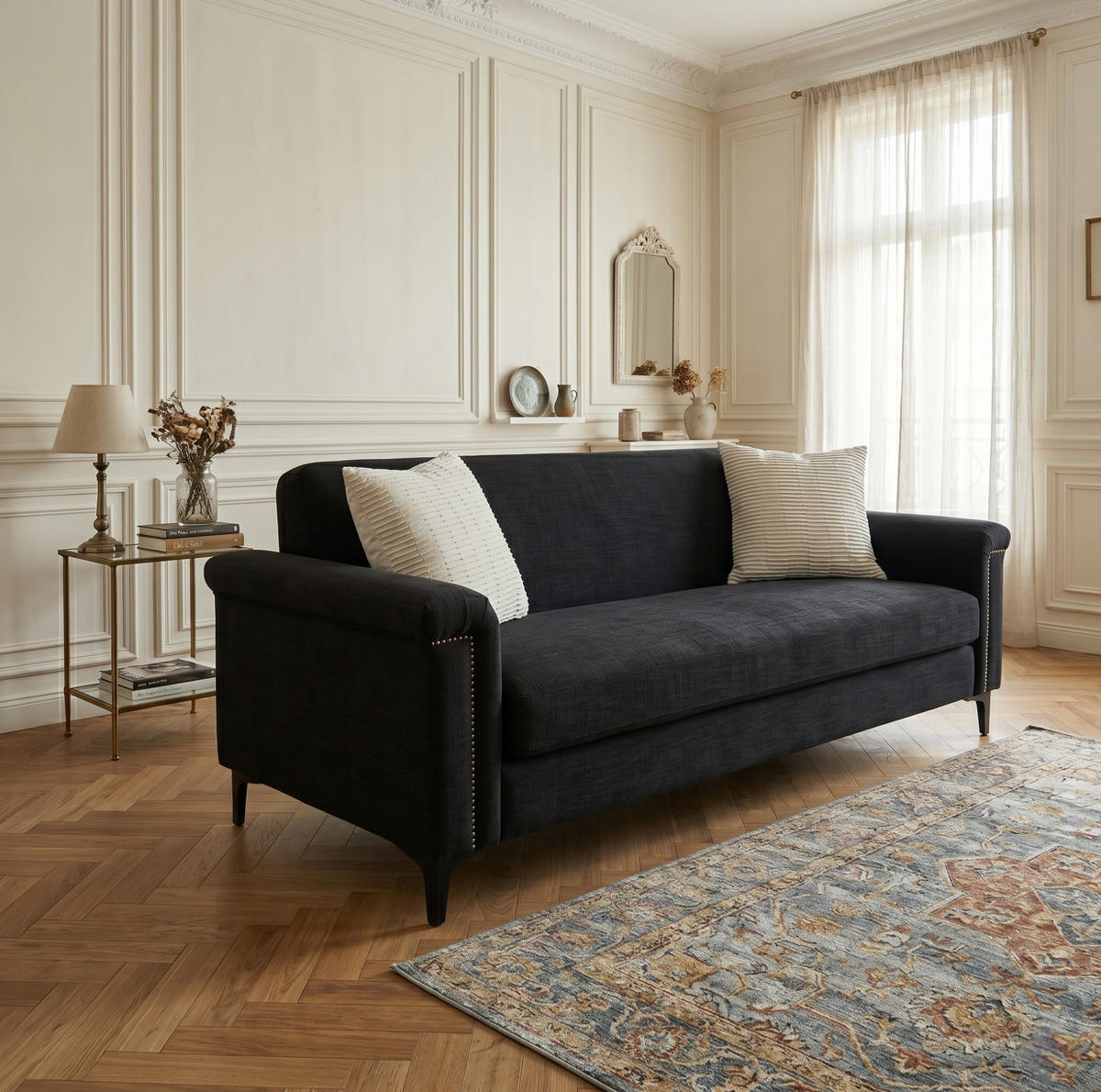 SOFA 2-Sitzer 172 x 72 x 82 cm Leinenstoff Schwarz - Schwarz, Holz (73.5/81.5/172cm) - Meubliv
