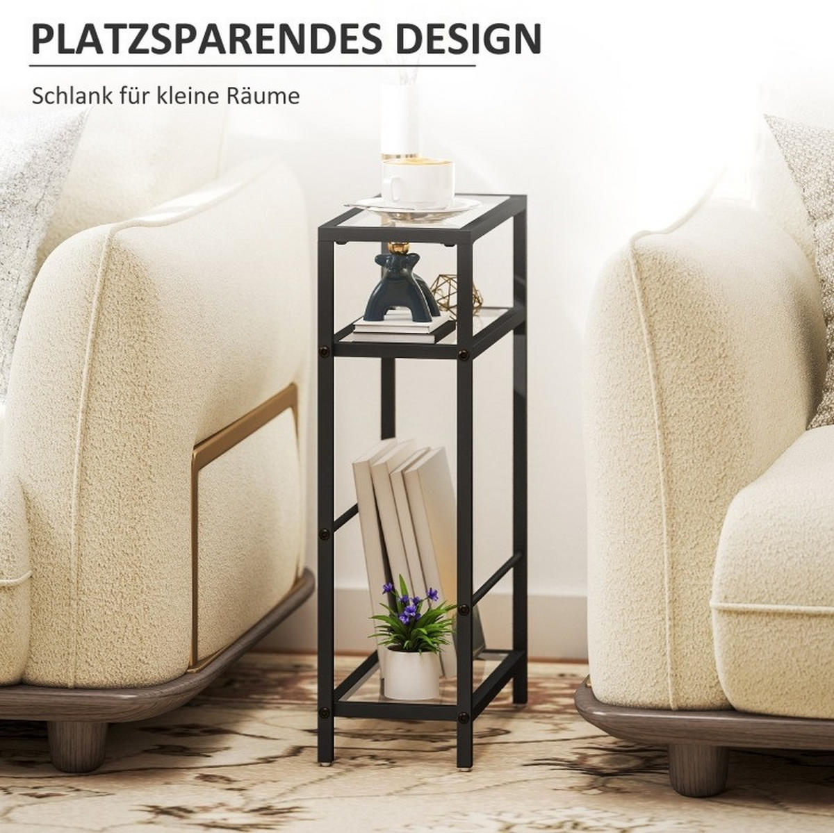 BEISTELLTISCH 40/18/62 cm in Schwarz mit 3 Glasablagen und Stahlrahmen - Schwarz, Glas (40/18/62cm) - Flora Grace