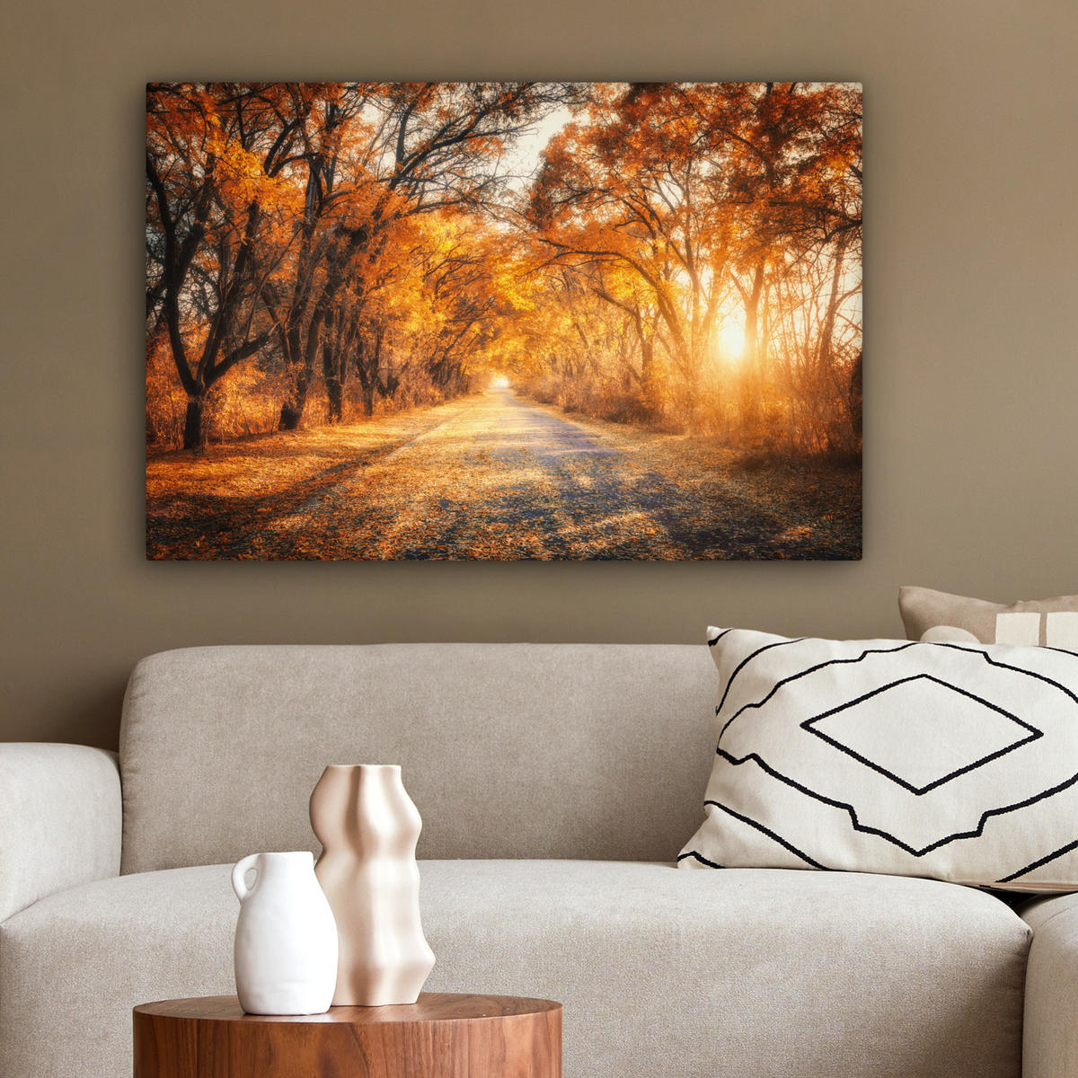 LEINWANDBILD Wald - Herbst - Bäume - Waldweg - Natur Gemälde 60x40 cm - Bernsteinfarben, Textil (60/40cm) - MuchoWow