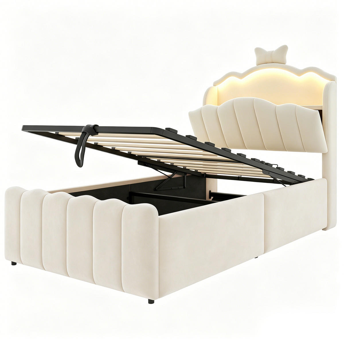 POLSTERBETT Beige aus Textil 90×200cm mit hydraulischem Stauraum, Samtbezug, LED-Kopfteil mit Farbwechsel und USB-Anschlüssen - Beige, Textil (90/200cm) - Luhomfu