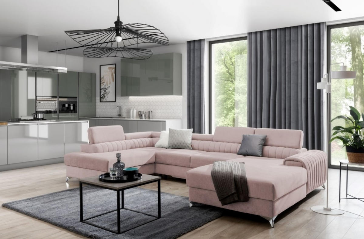 WOHNLANDSCHAFT mit Schlaffunktion und Bettkasten - Chromfarben/Rosa, Textil/Metall (354/92/202cm) - Eltap