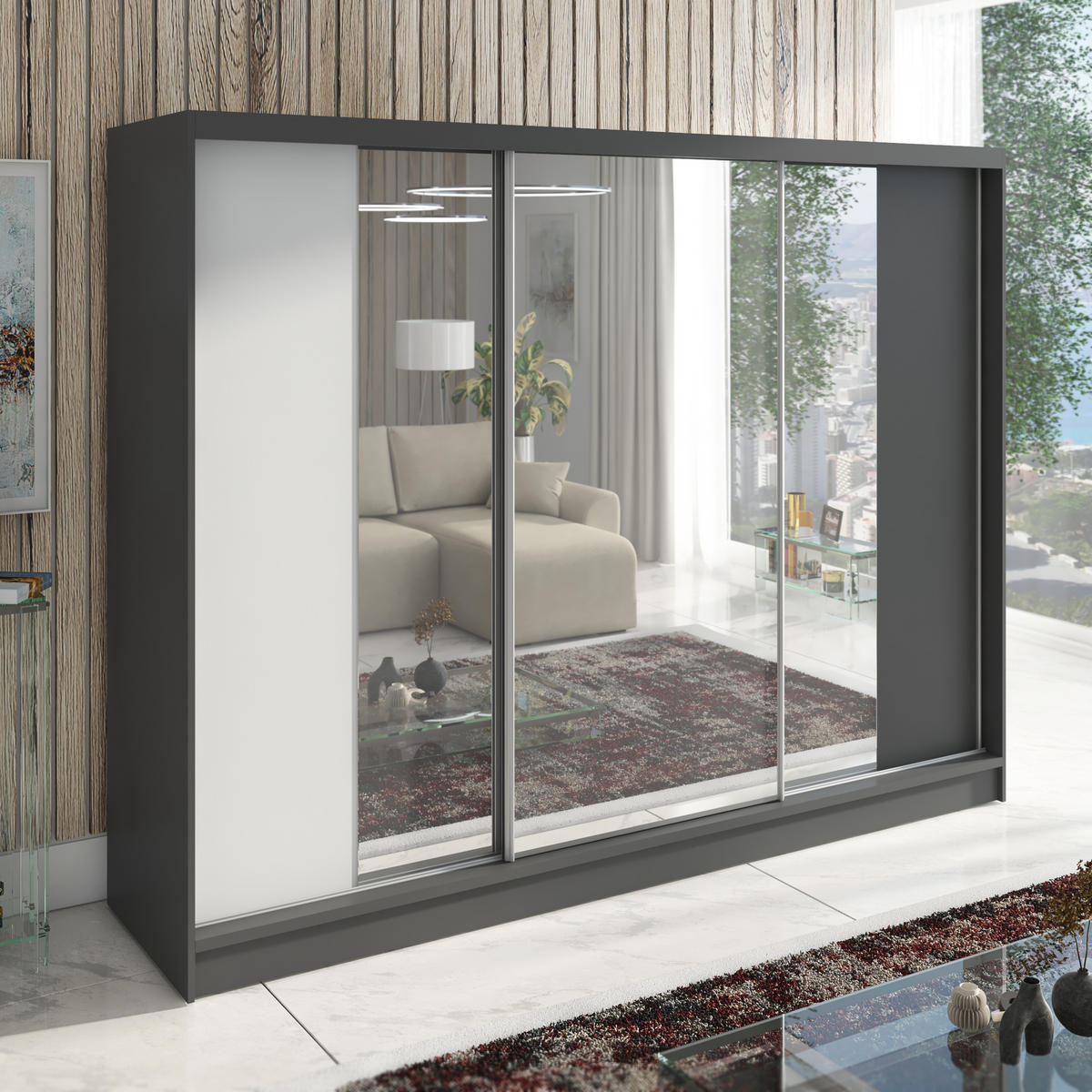 SCHWEBETÜRENSCHRANK 200 CM VIDA Farbe: Graphit, Weiß, Graphit - Graphitfarben/Weiß, Holzwerkstoff (200/215/60cm) - A&J MöbelLand