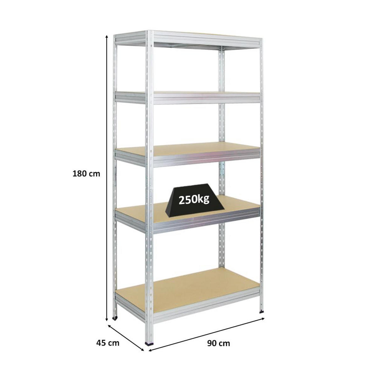 SCHWERLASTREGAL Rivet 180x90x45 cm Fachlast 250 kg Innovatives Stecksystem Verzinkt - Silberfarben, Metall (90/180/45cm) - PROREGAL