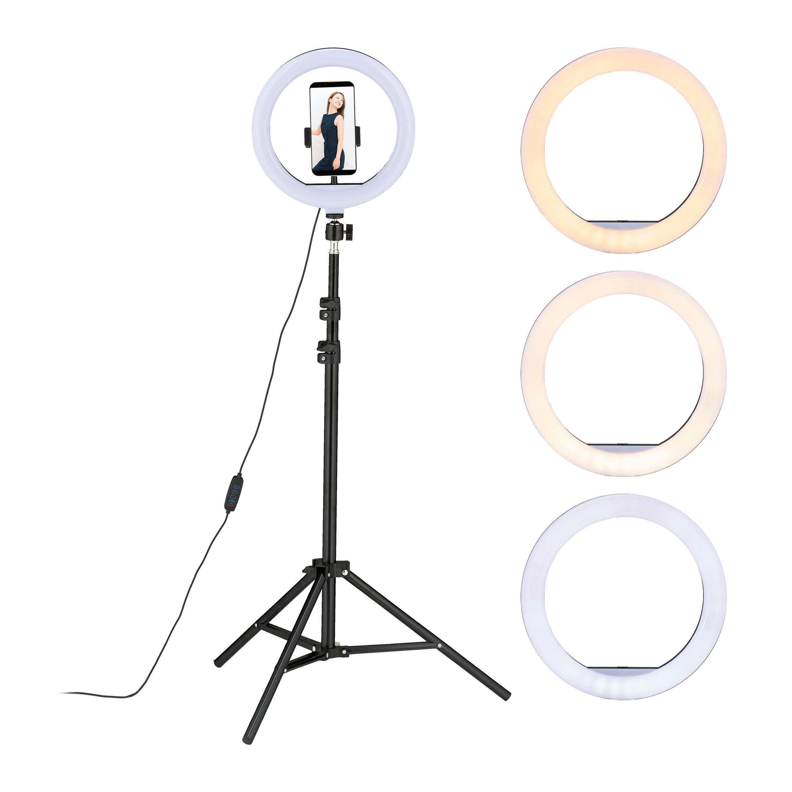 RINGLEUCHTE Weiß Schwarz LED dimmbar Stativ 25 cm Smartphonehalter - Multicolor, Kunststoff/Metall (50/50/153cm) - Relaxdays