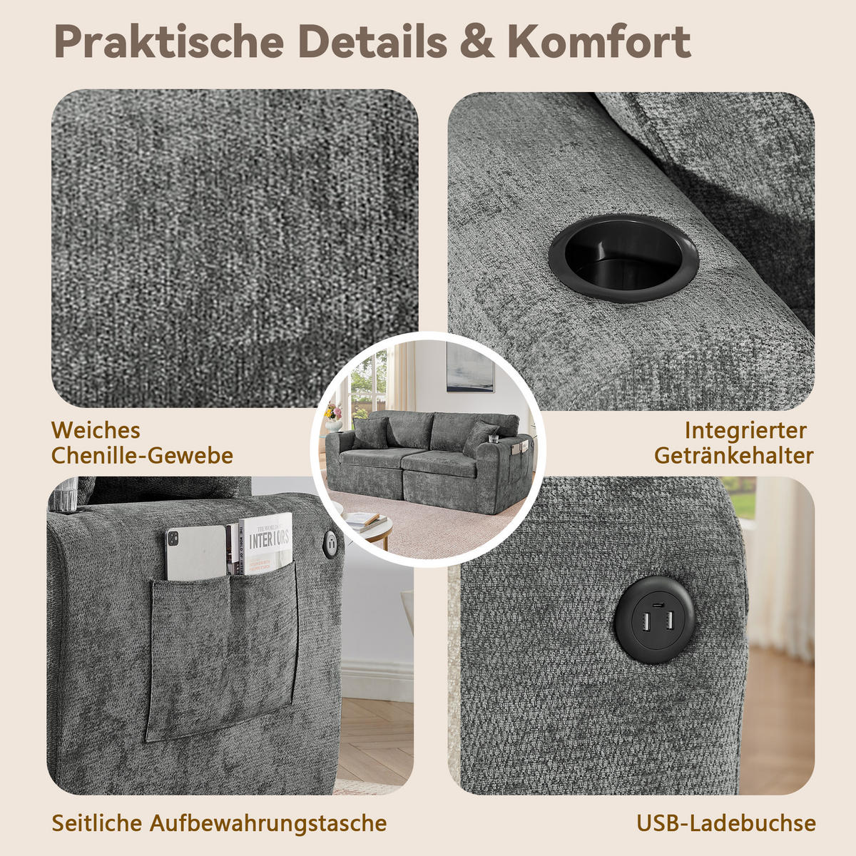 2-SITZER SOFA Chenille Gray mit USB-Ladefunktion, Magazintasche, Getränkehalter und Kissen - Grau, Textil (220/89/100cm) - WISHDOR